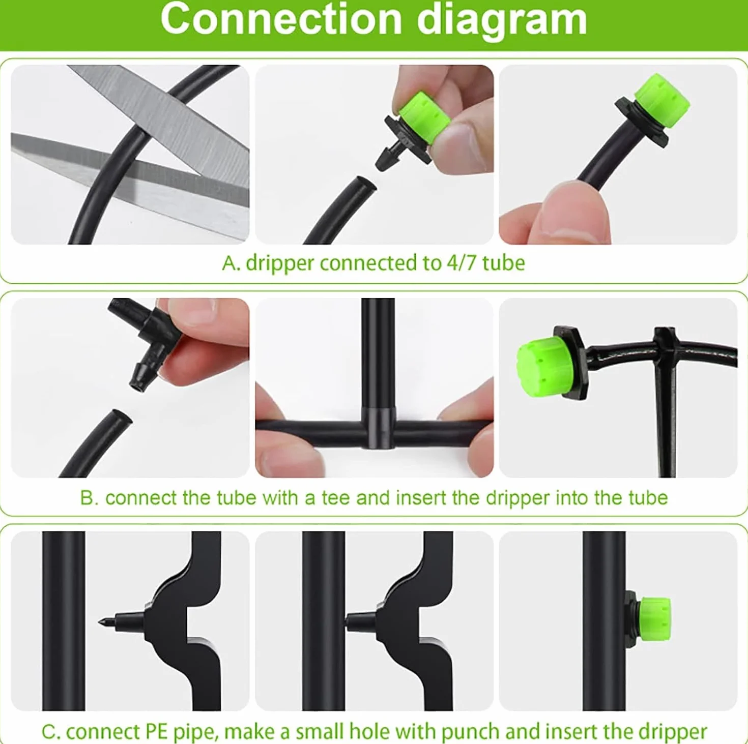 100 sztuk regulowanych kroplomierzy nawadniających 1/4", 360°, mikro-emiter do systemów nawadniania ogrodu, odporny na zapchanie się, do węży 4 mm/7 mm, zielony