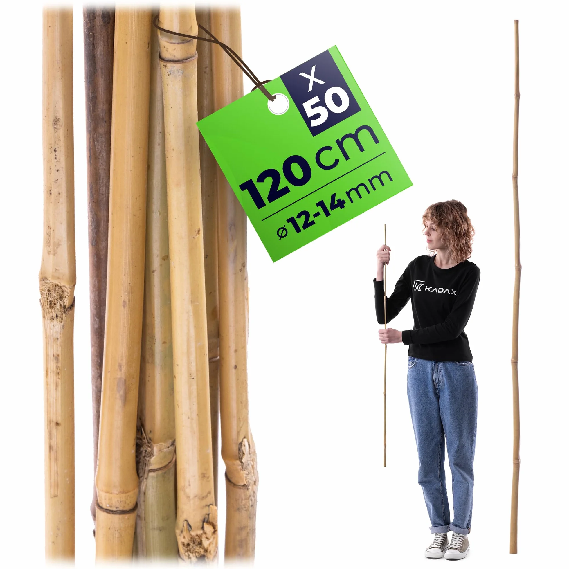 KADAX Drążki bambusowe 120 cm x 12/14 mm, zestaw 50 sztuk, drążki bambusowe jako podpora dla roślin pomidorowych i pnących, podpórka do roślin pnących