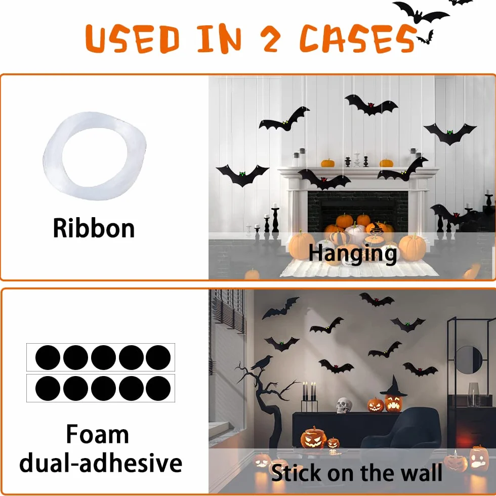 DTYDECLE 12 szt. wiszących nietoperzy na Halloween, latający nietoperz, wiszące dekoracje ze świecącymi oczami na Halloween, dekoracja na zewnątrz, podwórko, artykuły dekoracyjne