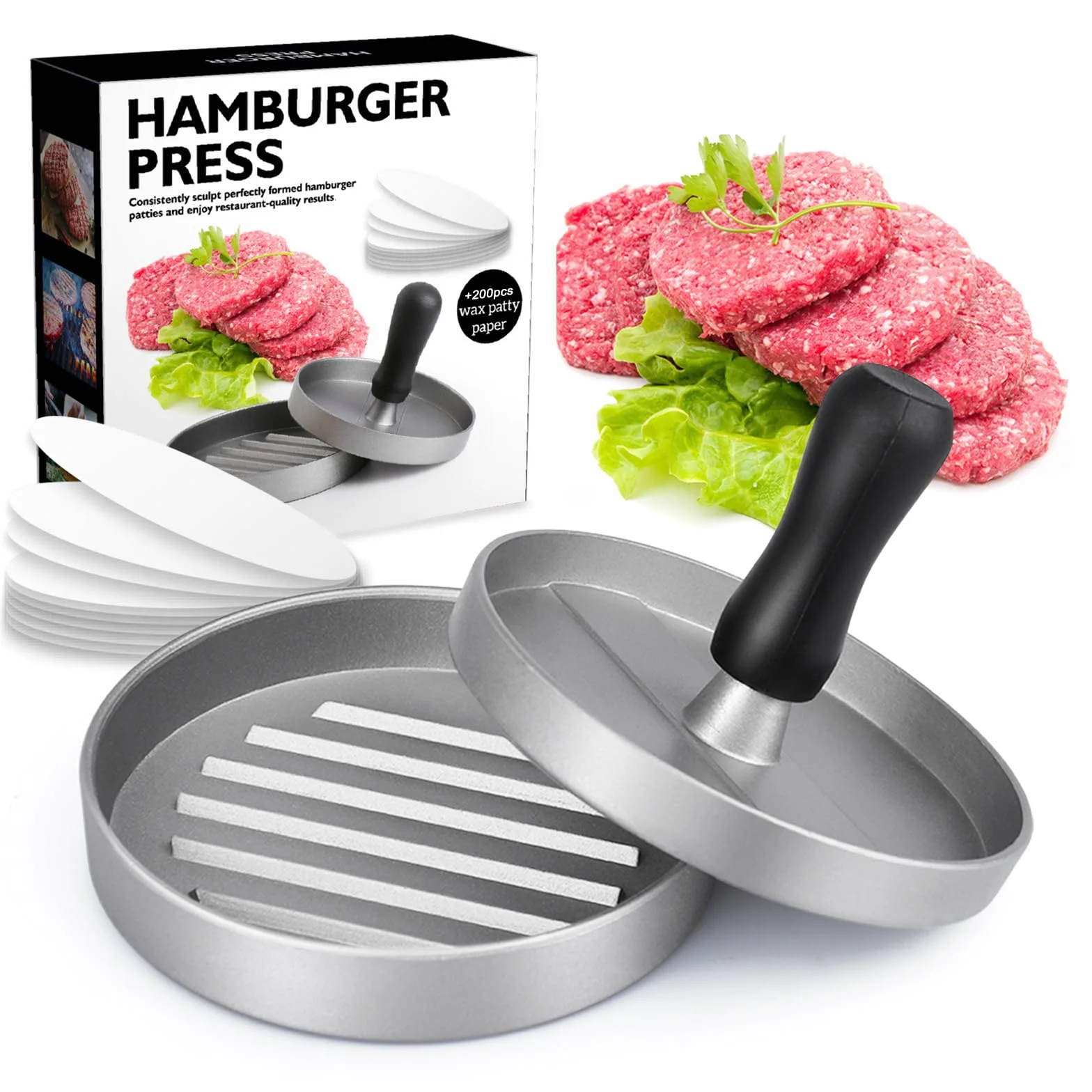 Prasa do burgerów z 200 arkuszami papieru do pieczenia, zestaw prasy do hamburgerów z odlewu aluminiowego