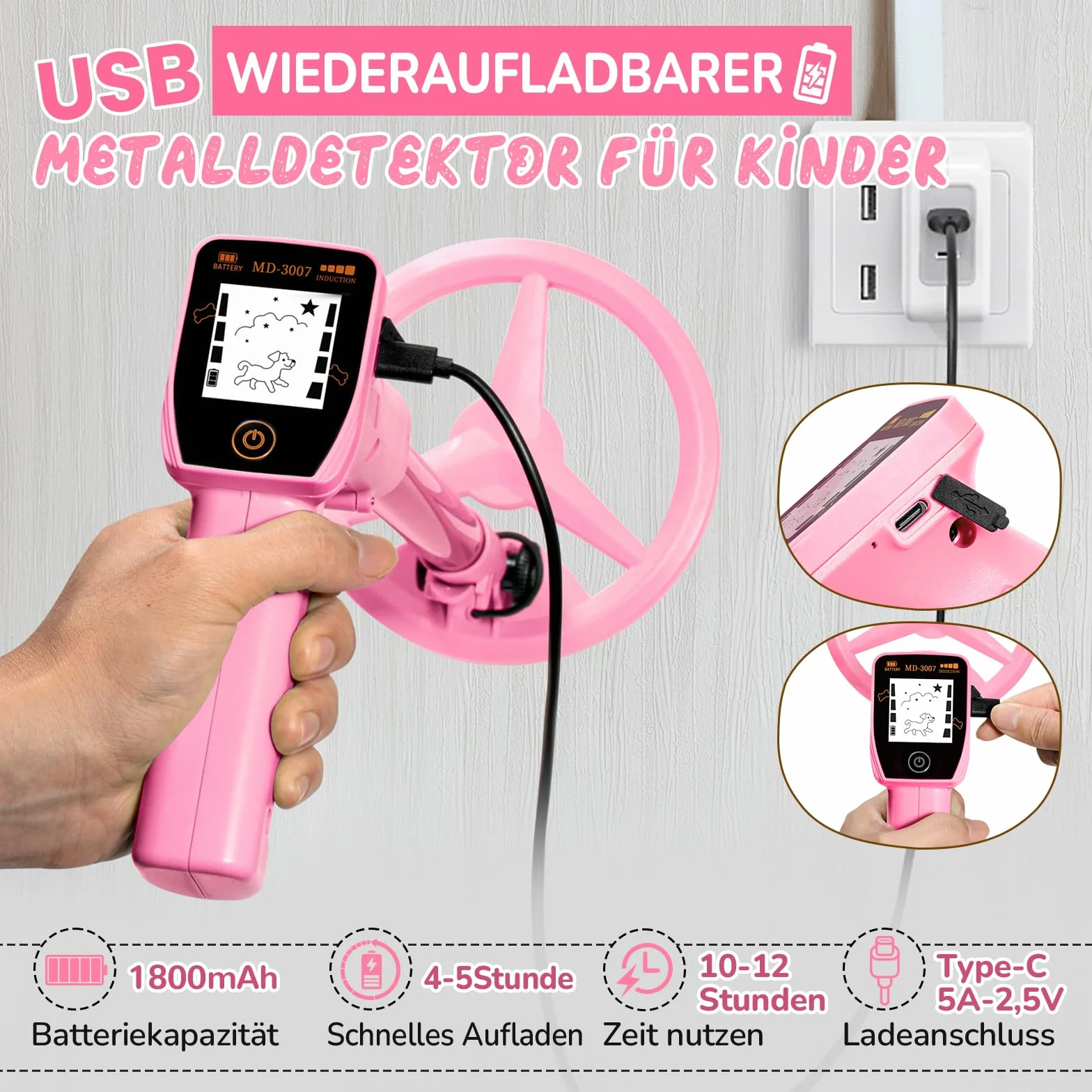 Przenośny wykrywacz metalu dla dzieci, ładowany przez USB, regulowany 60-86 cm, z wyświetlaczem LCD, różowy