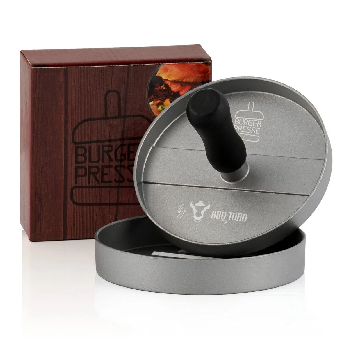 BBQ-Toro Aluminiowa prasa do hamburgerów, Ø 11,8 cm, szara, do mięsa, z powłoką zapobiegającą przywieraniu, do BBQ, grilla i kuchni | prasa do hamburgerów, pattyprasy do burgerów, kotletów
