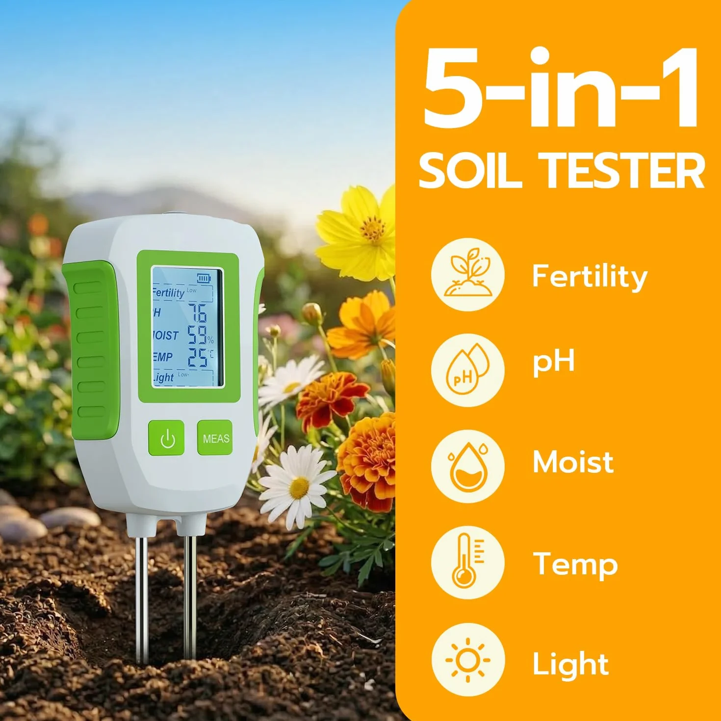5 w 1 miernik wilgotności roślin, cyfrowy miernik pH, żyzności, wilgotności gleby, temperatury, światła, z wyświetlaczem LCD, do ogrodu, na farmę, trawnik