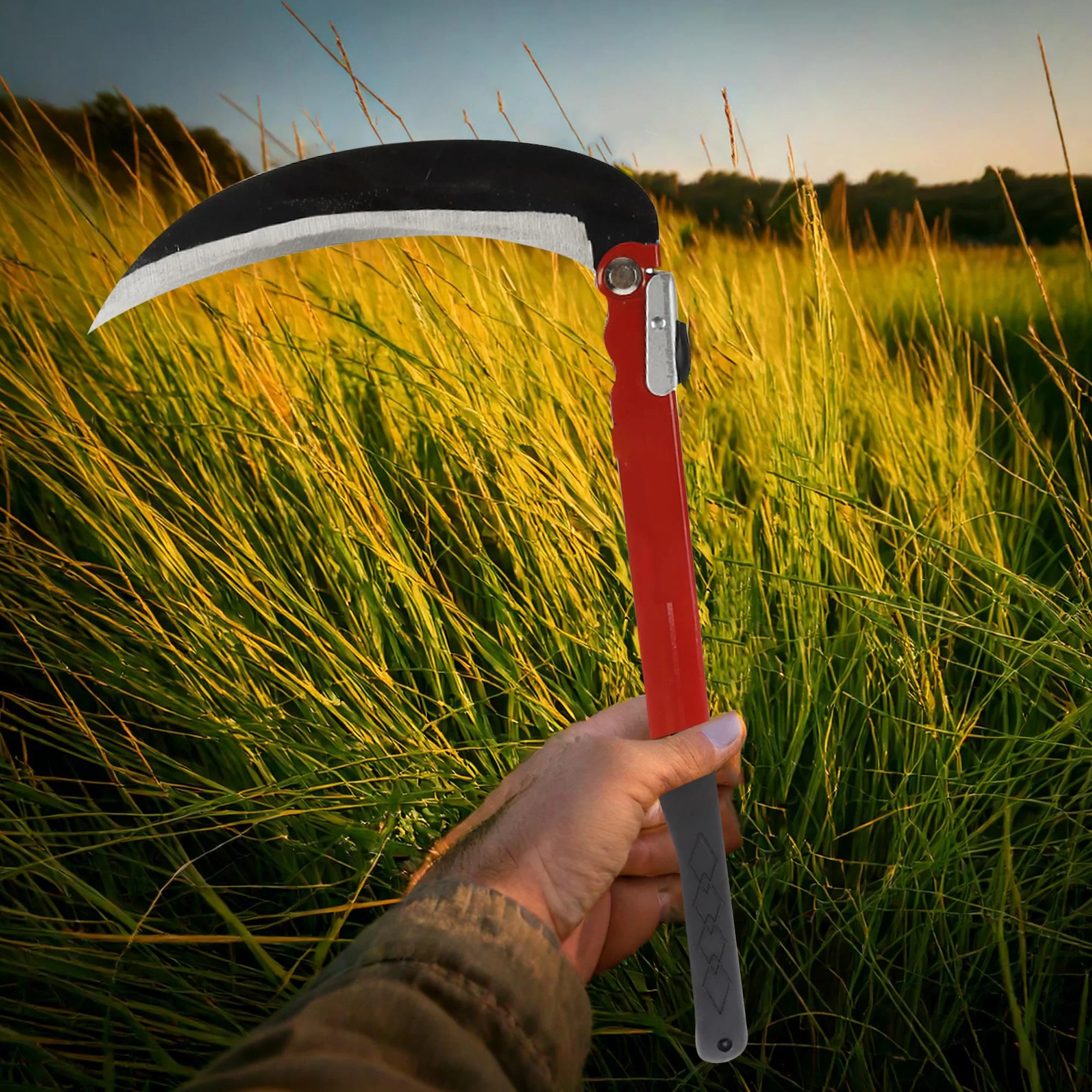 A2ZWORLD Składana kosa 39 cm, wielofunkcyjne ogrodnictwo sierp do chwastów, przenośna sierpa bezpieczeństwa do awaryjnych wędrówek, narzędzia kosy, ostrze 24 cm