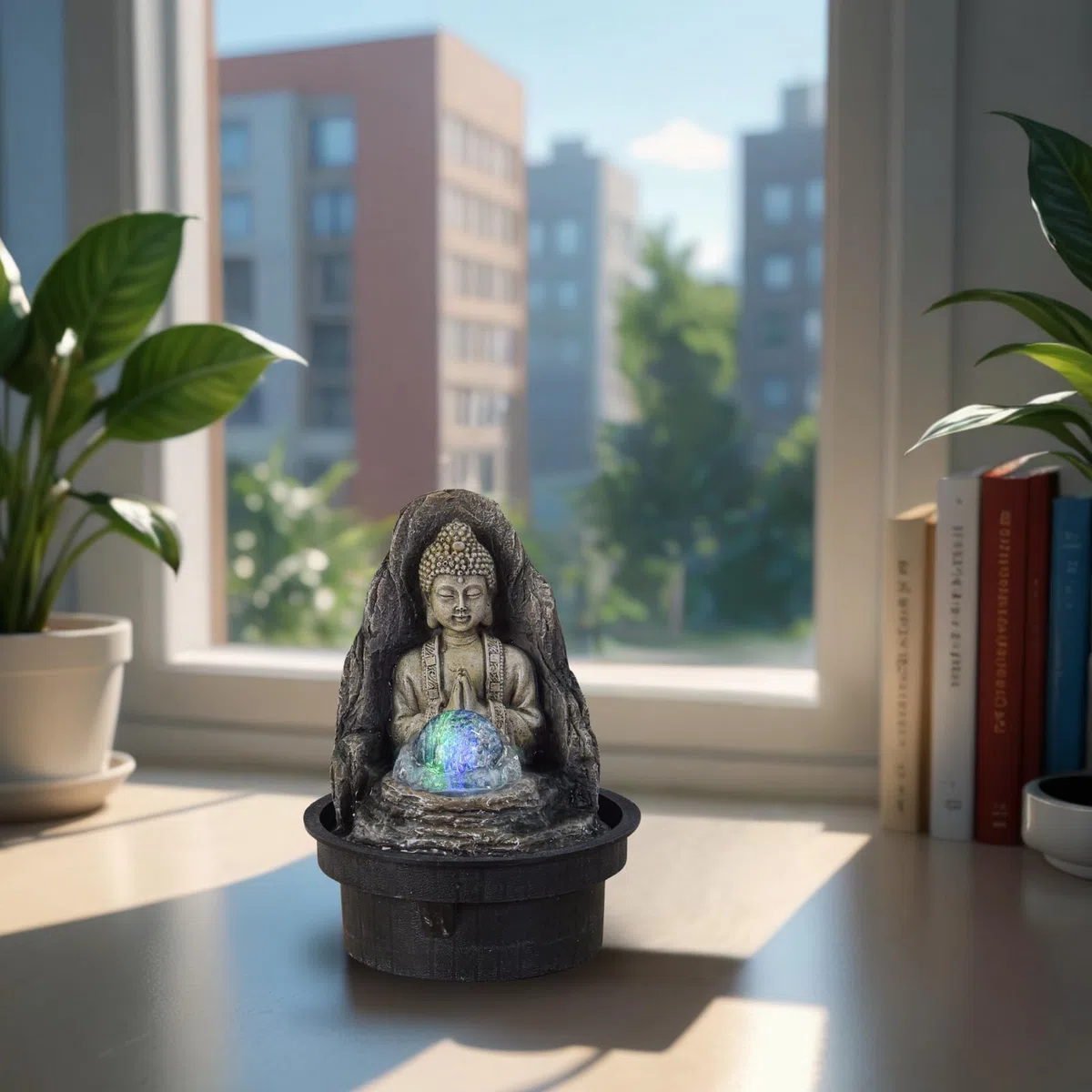 Fontaine Frieden – relaksująca fontanna wewnętrzna Zen Budda ze światłem LED – zamknięty i brązowy obieg – wys. 18 cm – Zen'light, żółta