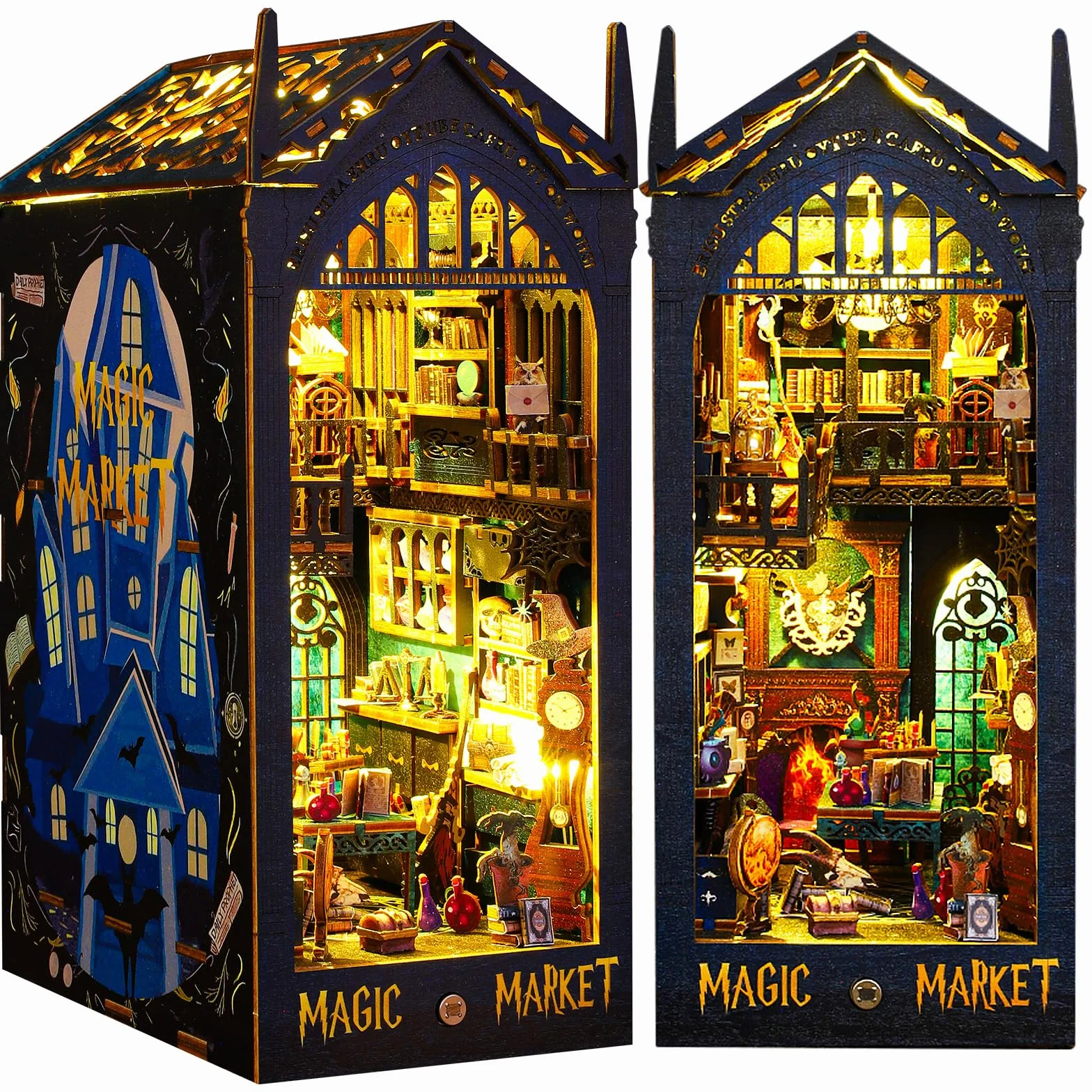 BuzzoXerex Book Nook Kit, miniaturowy dom, drewno 3D, zestaw narożny z meblami i lampami LED, dekoracja domu, kreatywny prezent