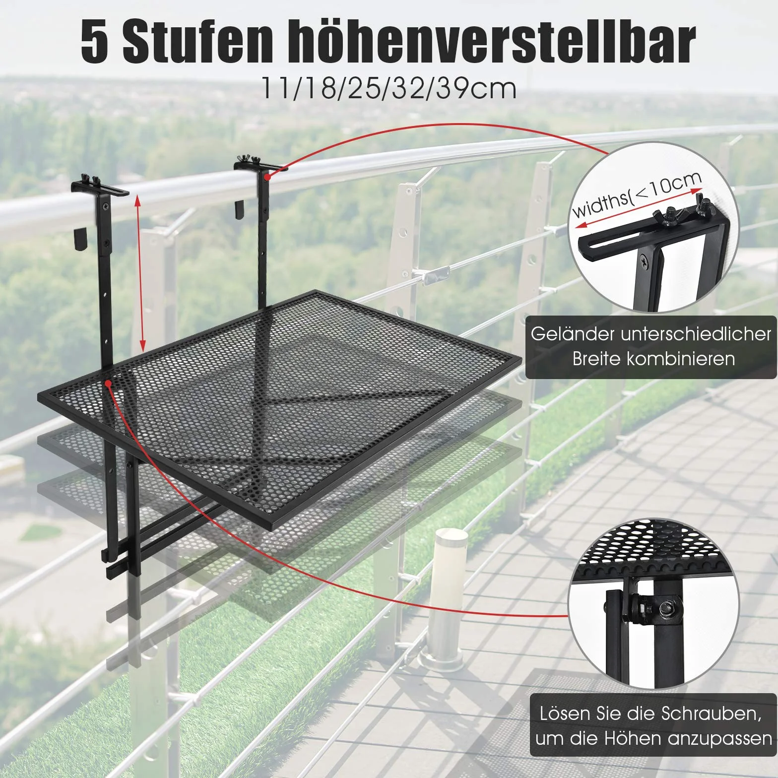 COSTWAY Składany stół balkonowy, wiszący, 5-stopniowa regulacja wysokości, z metalu, prostokątny, nośność 20 kg, 60,5 x 40,5 cm