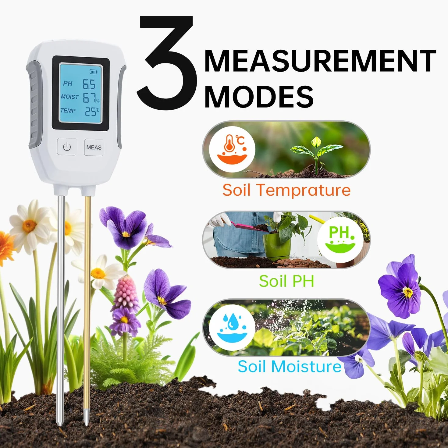 Wigearss 3 w 1 Miernik Gleby, Cyfrowy Tester pH, Tester Wilgotności i Światła z Podświetlanym Wyświetlaczem LCD do Ogrodnictwa, Rolnictwa, Roślin Outdoor
