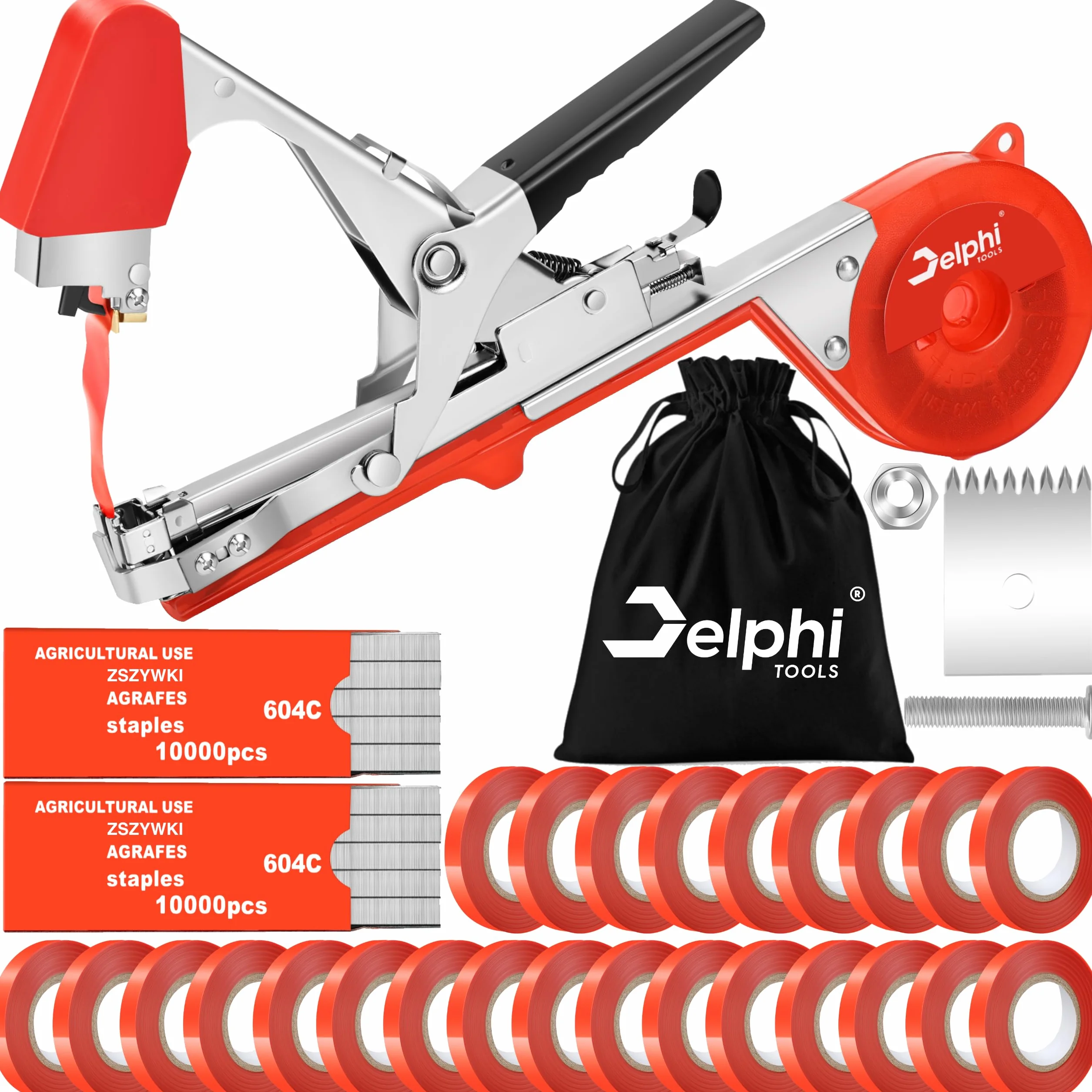 DELPHI Szczypce do wiązania roślin 25 rolek taśm 0,11 mm 20 000 zszywek 1 x wymienne ostrze