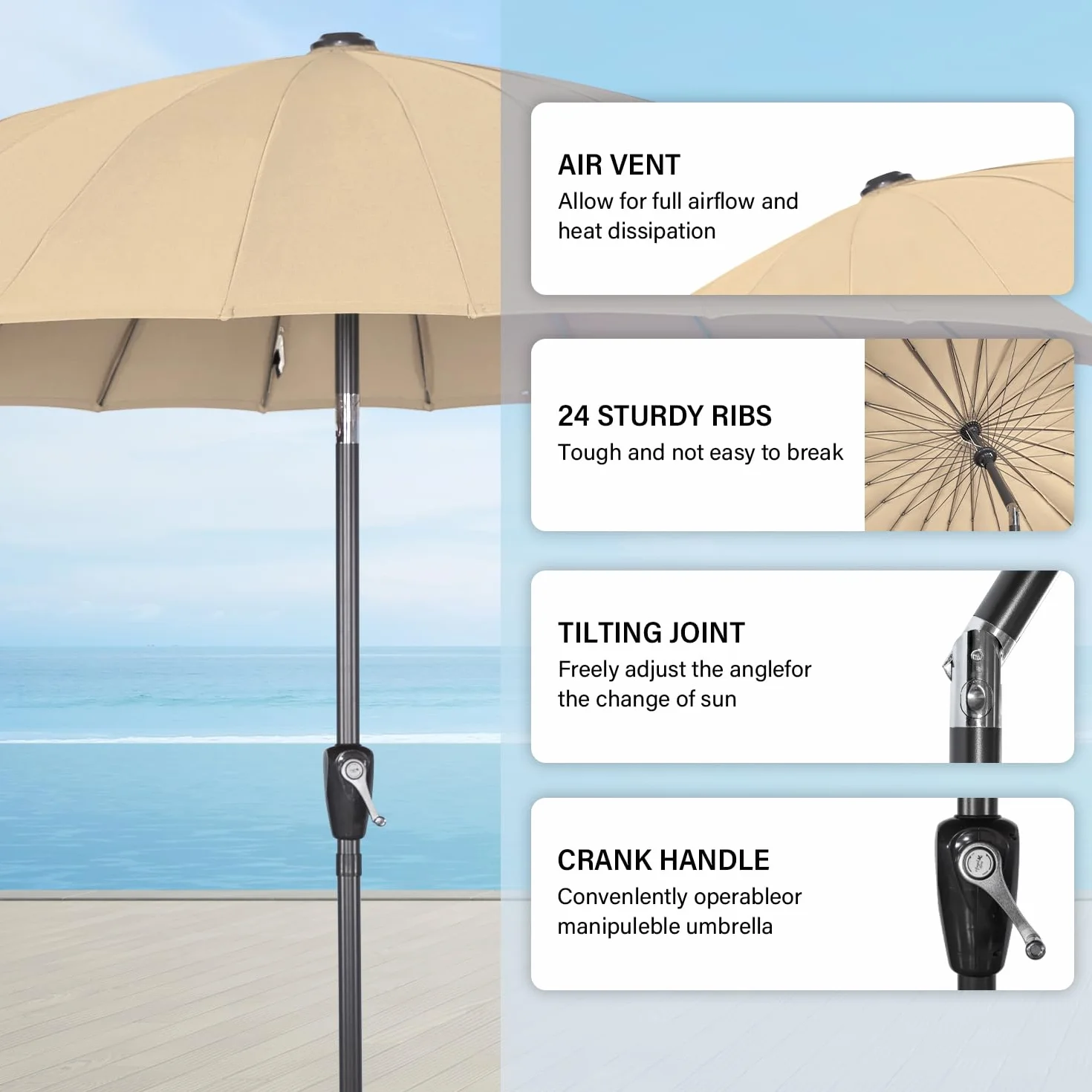 Angel Living 250 cm okrągły parasol ogrodowy aluminiowy z mechanizmem przechylania korby