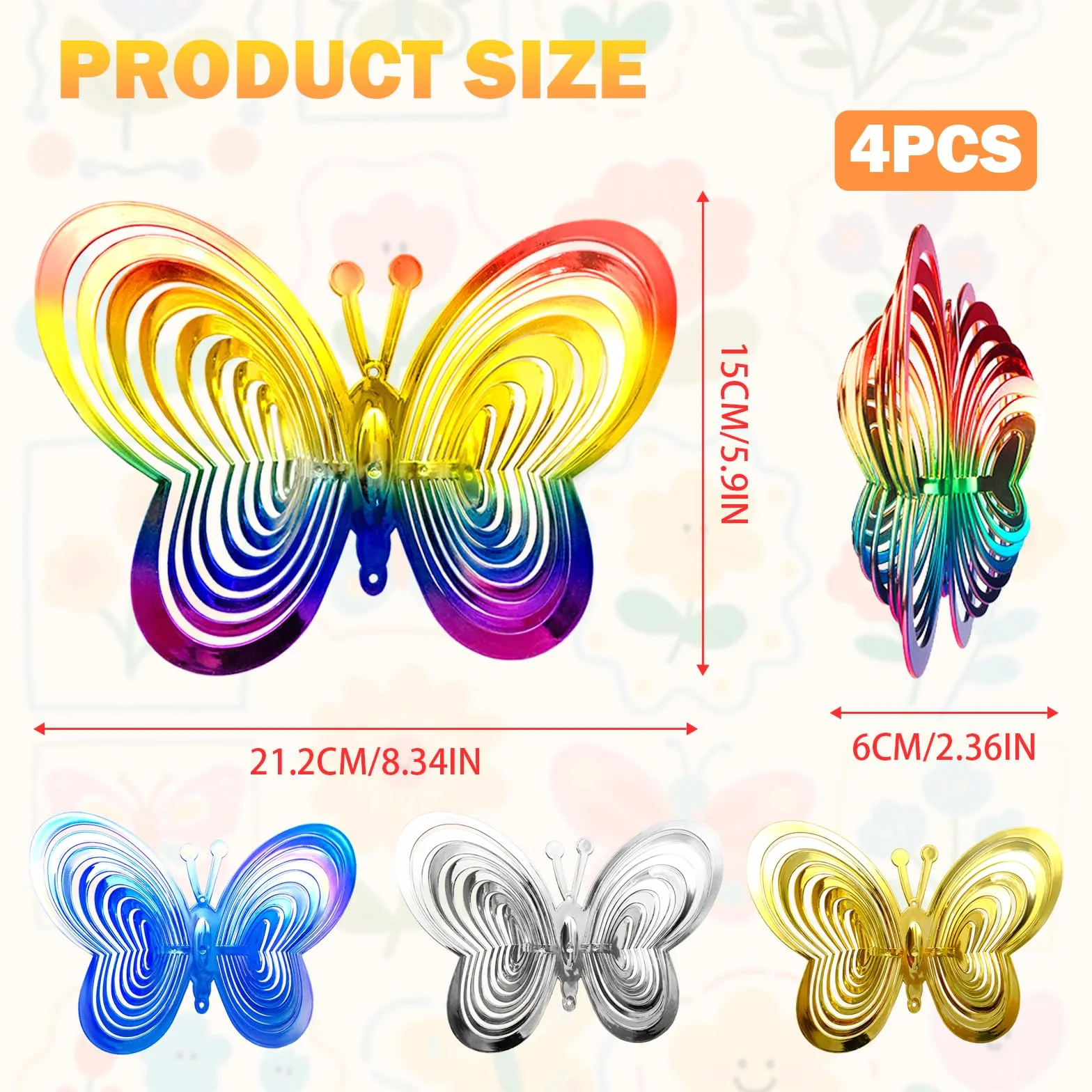 Ochrona przed ptakami Motyle Zestaw 4 sztuk Zmieniająca kolor Dekoracja Ogrodowa 3D Odbicie UV Odstraszacz Gołębi 21 cm Niebieski Srebrny Złoty