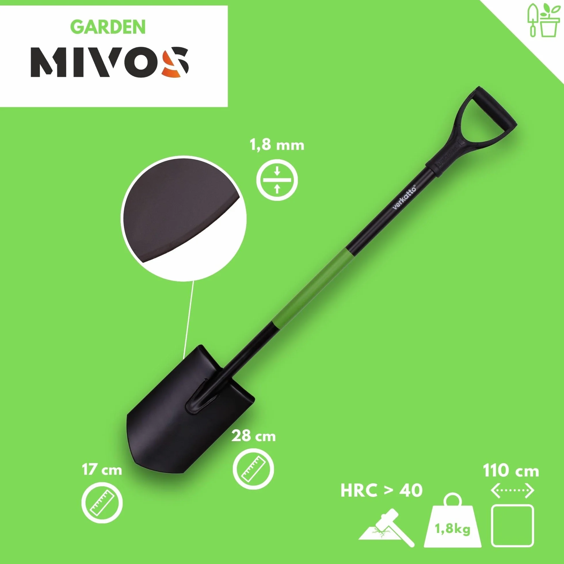 Mivos Mała Łopata Szpiczasta Końcówka Mini Szpadel Ogrodowy Budowlany