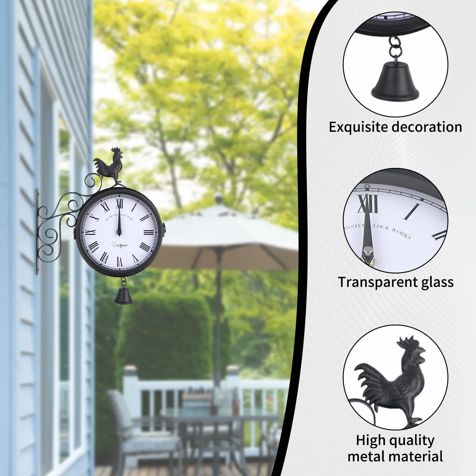 Zegar ogrodowy, zegar dworcowy, na zewnątrz, odporny na warunki atmosferyczne, dwustronny design, zegar outdoorowy do ogrodu, wodoodporny, 20 cm, retro zegar ogrodowy, z uchwytem ściennym, do ogrodu,