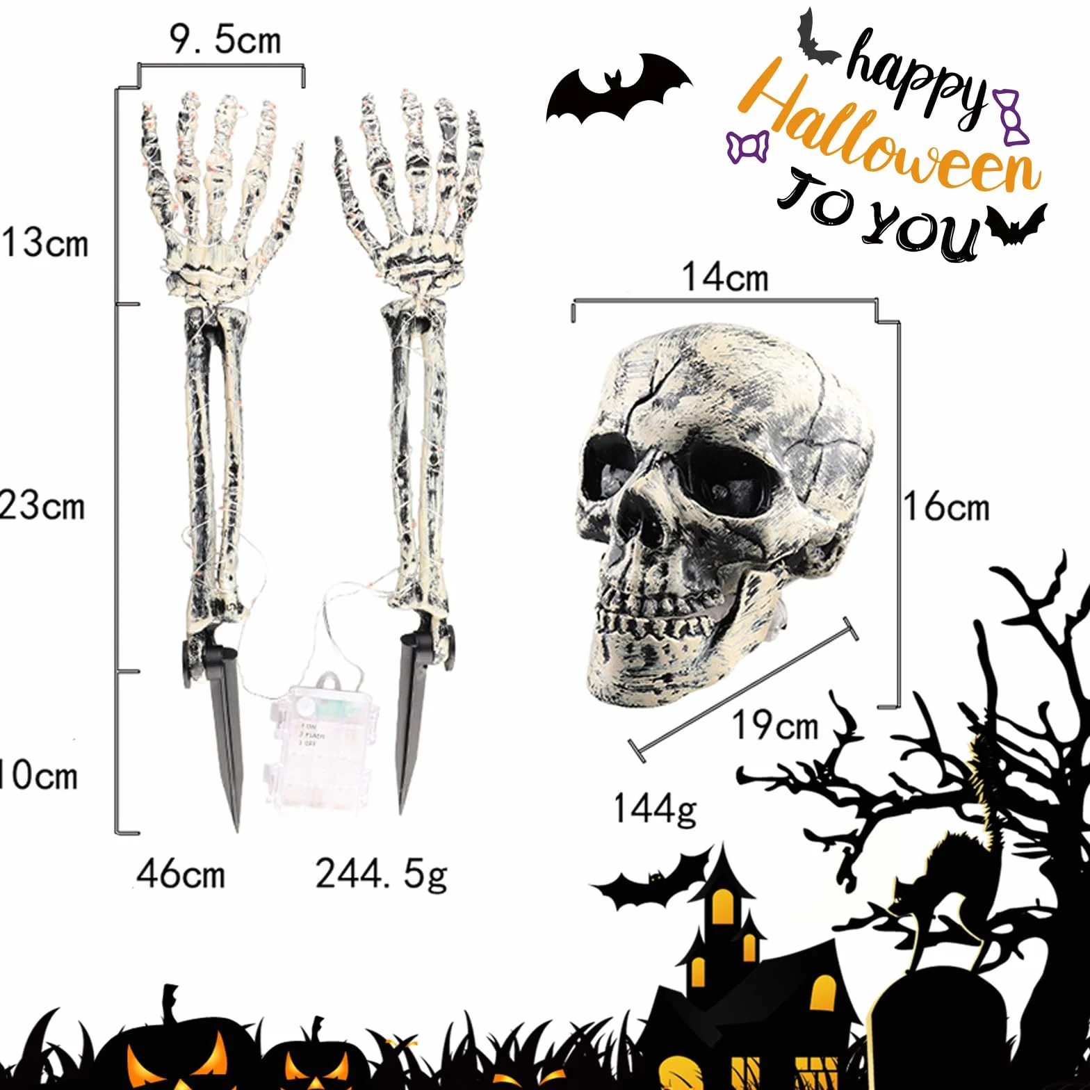 Dekoracja szkieletu na Halloween, jasny, 1 x czaszka i 2 x ręce, Halloween dekoracje szkieletowe na zewnątrz, ogród na cmentarz dziedziniec