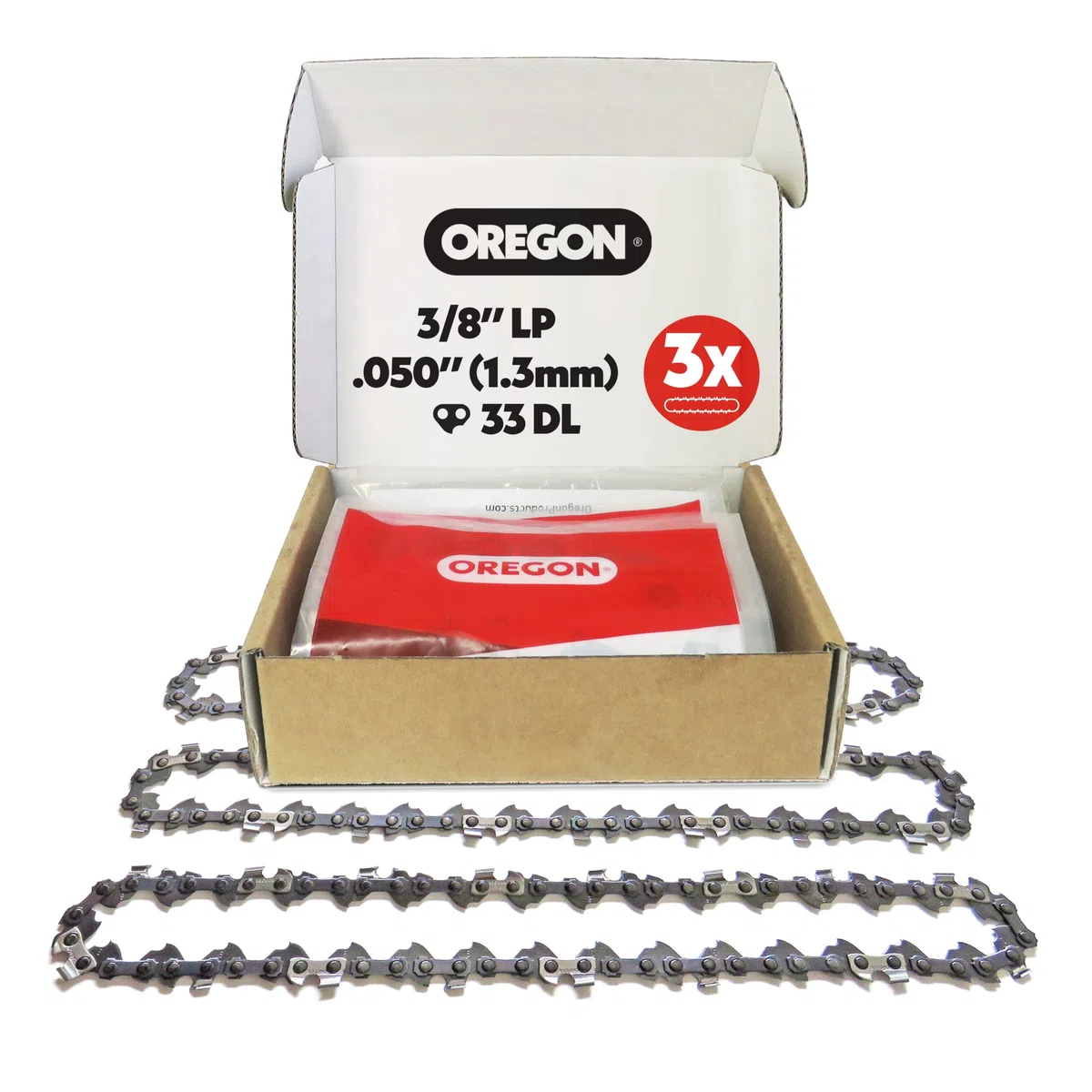 Oregon 3-Pack Pole Saw Chain 3/8" LP Pitch, 050" (1,3 mm) Gauge do 8" (20 cm) Bar, 33 napędowe linki - Niski łańcuch odrzutowy pasuje do Einhell, Bosch, Black & Decker, Ryobi, Lux i innych