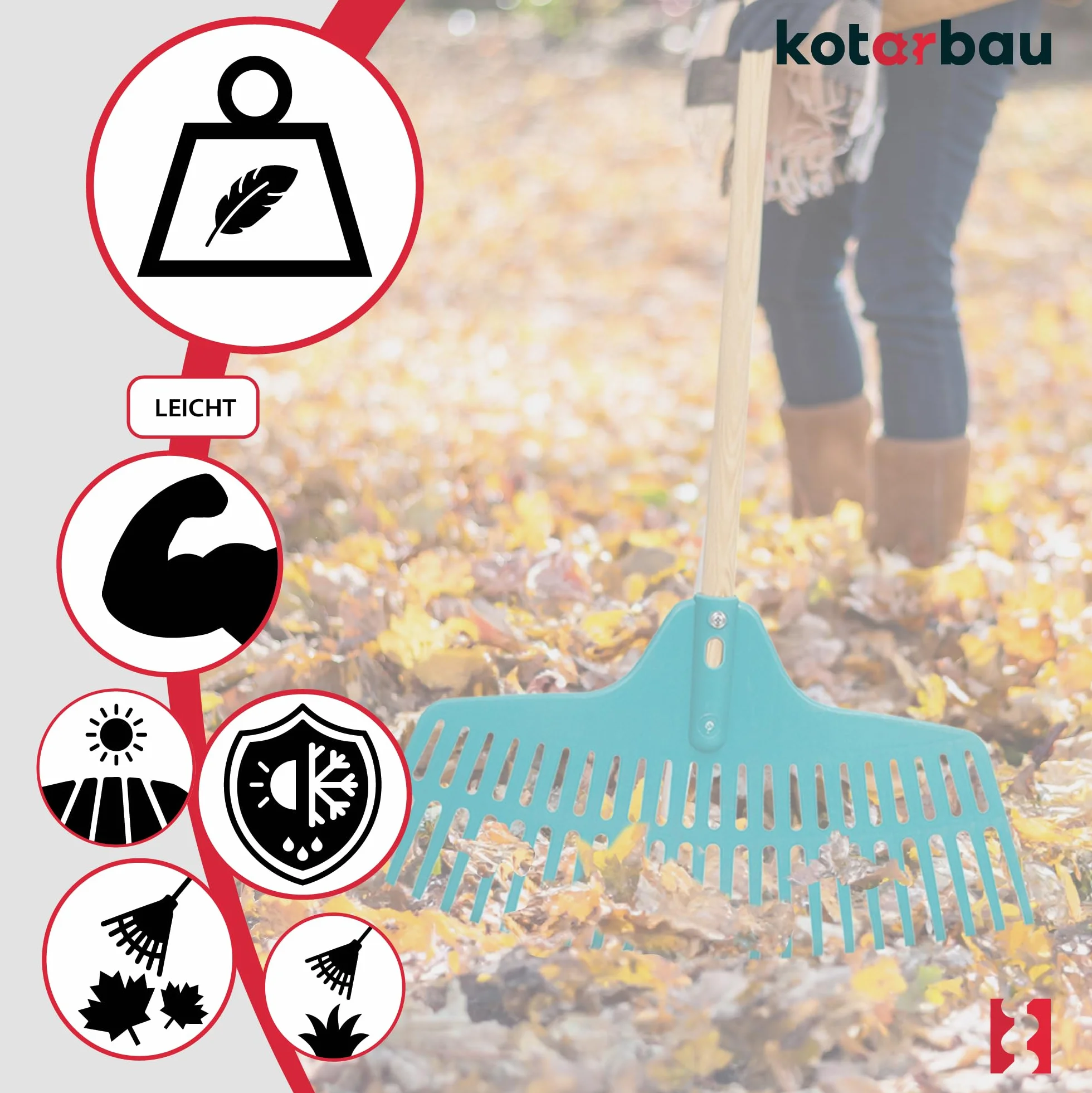 KOTARBAU® Grabie do Liści - 46 cm - Grabie do Trawy - Plastikowe - Niebieskie - Drewniany Trzon
