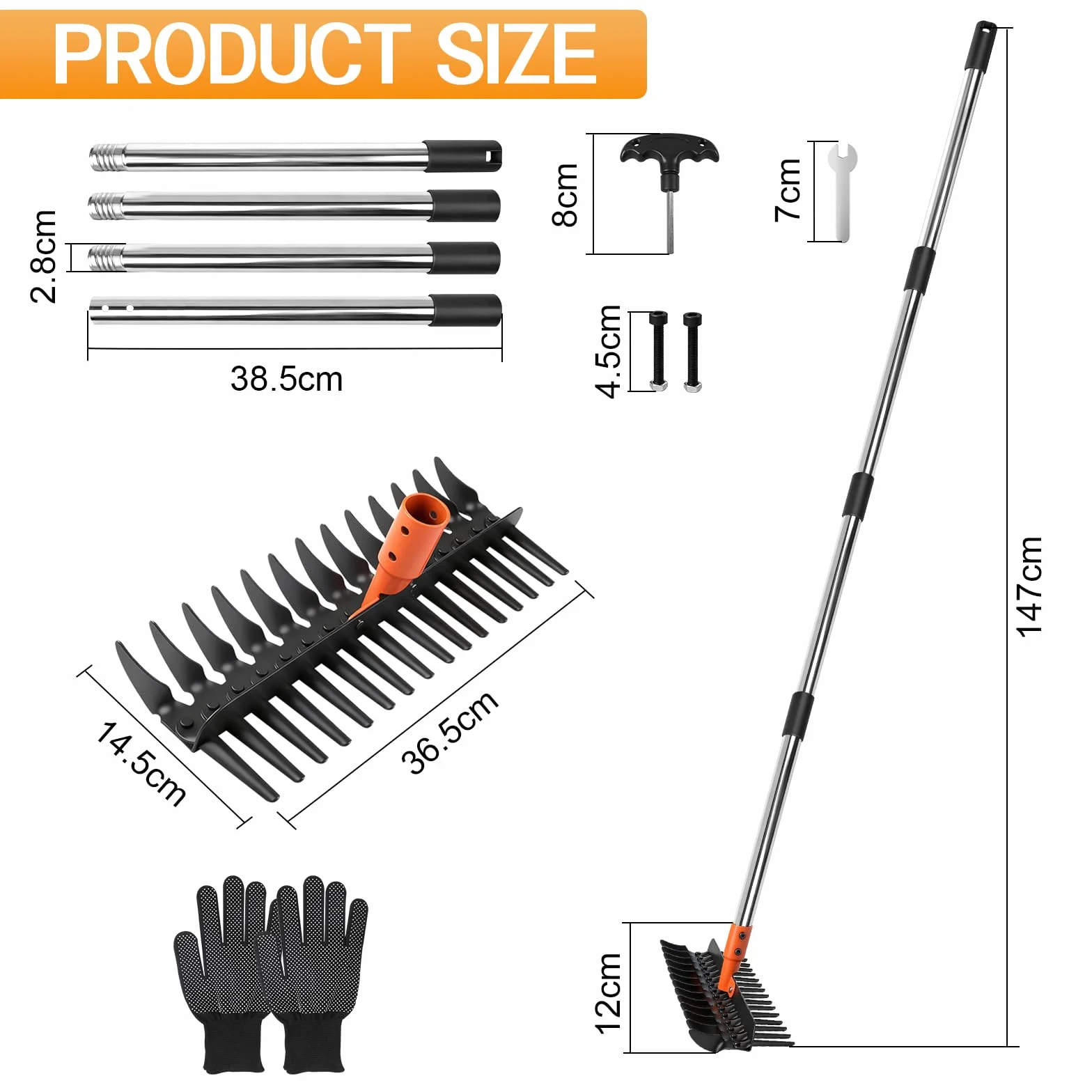 Grabie ogrodowe z trzonkiem regulowana długość 75 cm/110 cm/145 cm do usuwania liści i chwastów