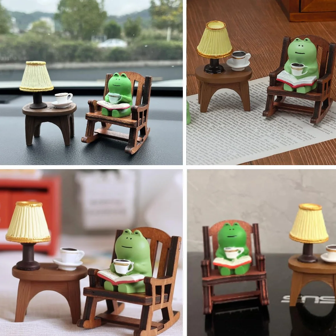 Figurka żaby, dekoracja, mała, żaba, pije kawę na bujanym fotelu, figurka żaby, ornamenty samochodowe, żaba, dekoracja ogrodu, domku dla lalek, dekoracja stołu