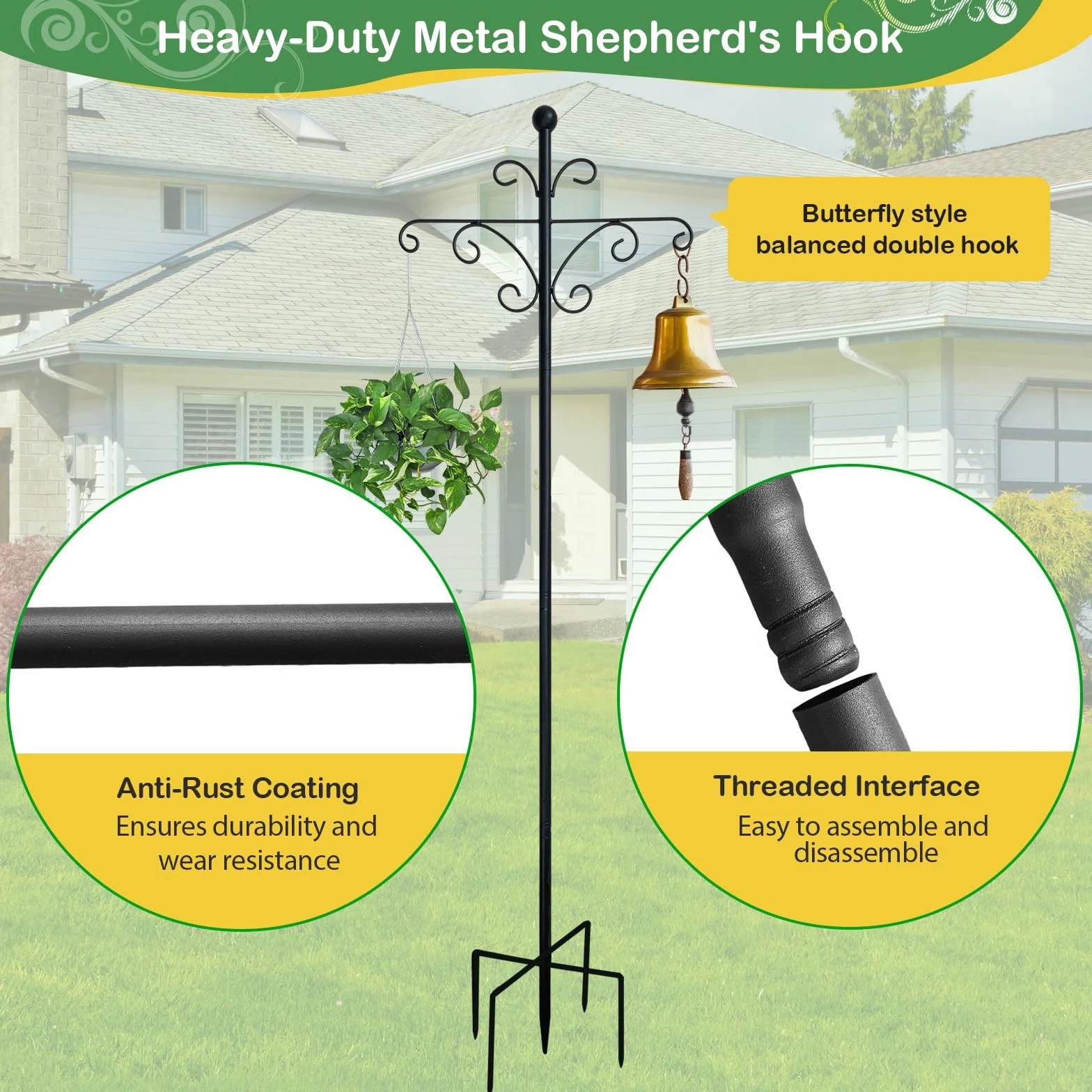 Garden Shepherds Hak Owczarek, 193 cm, grubość 1,9 cm, metalowy podwójny hak z 5 ostrzami typu Shepherds Crook Hook do lamp solarnych, koszy na rośliny, latarni, karmników dla ptaków