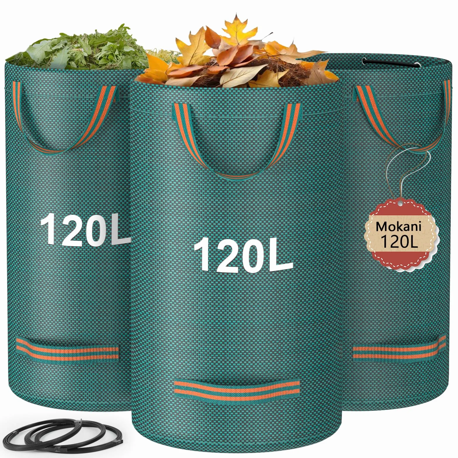 Mokani Worki na odpady ogrodowe, wytrzymałe, z uchwytami, 120 l x 3 worki ogrodowe wielokrotnego użytku, składane, kempingowe, do recyklingu, na liście, śmieci, gruz, ogrodowe worki na śmieci