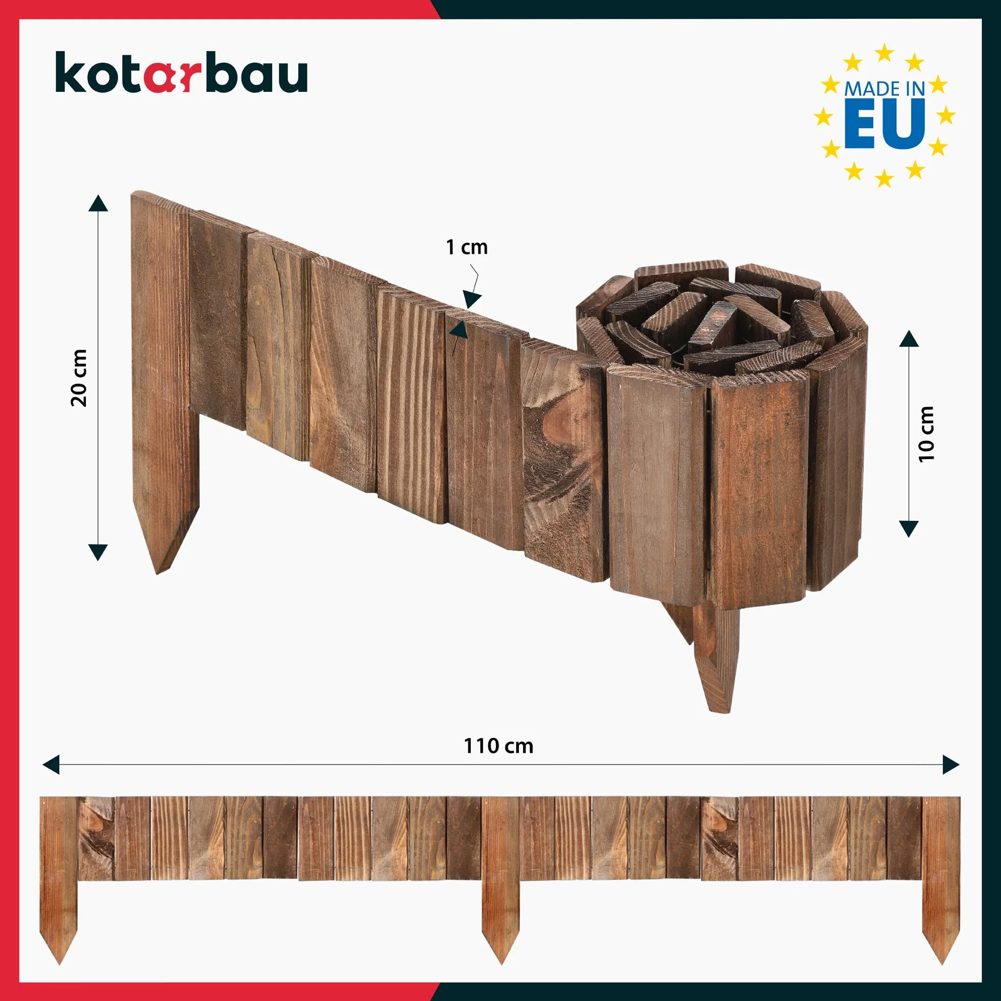 KOTARBAU® Płotek Ogrodowy Wbijany - 110 X 10 CM - Obrzeże Trawnika - Płot Drewniany - Palisada - Brązowy