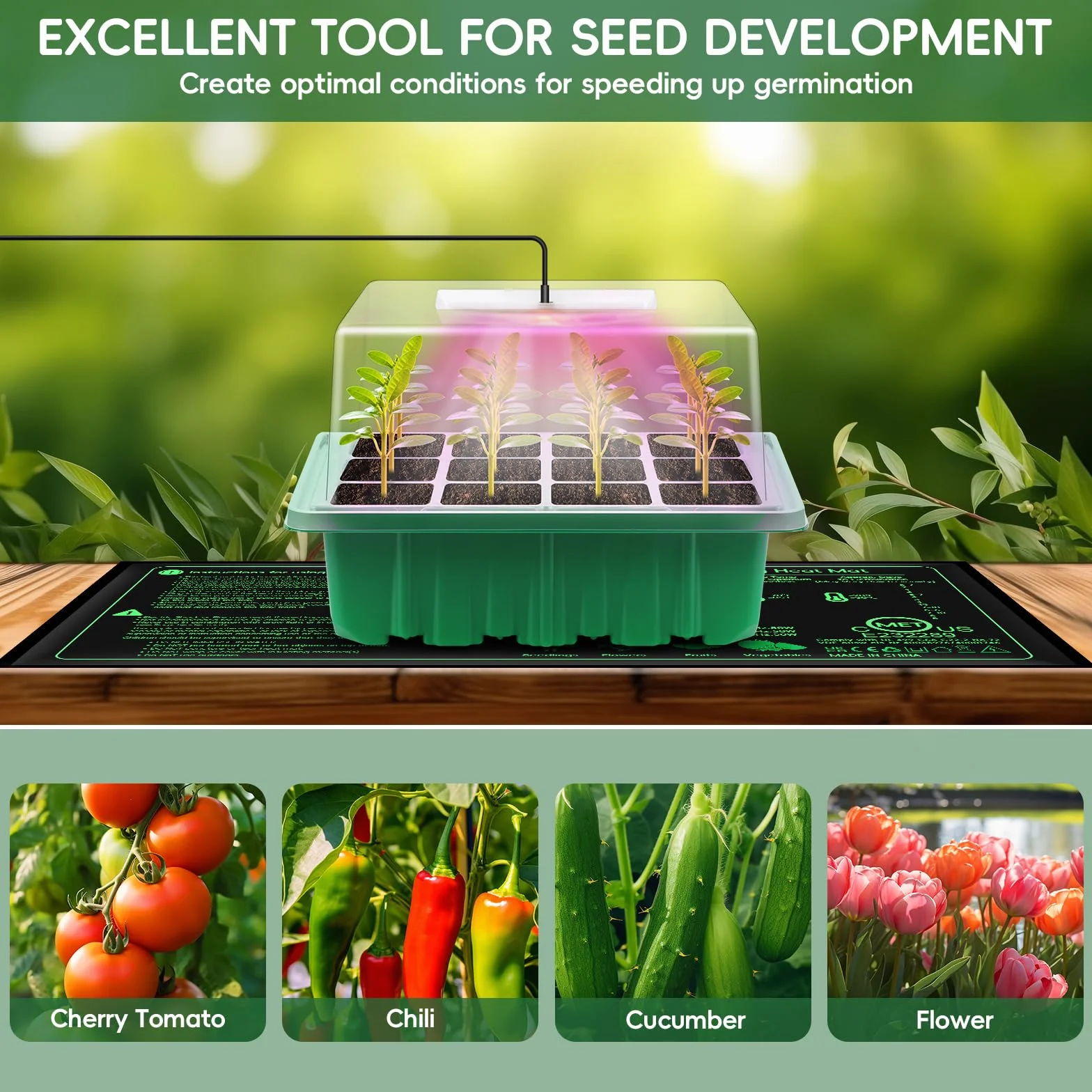 Verdenu Seed szklarnia pokojowa z lampą do roślin, mata grzewcza, 3 sztuki, 36-ogniwowa szklarnia z kopułą Humidity, 3 tryby oświetlenia, 4 poziomy ściemniania, skrzynka do uprawy wielokrotnego użytku