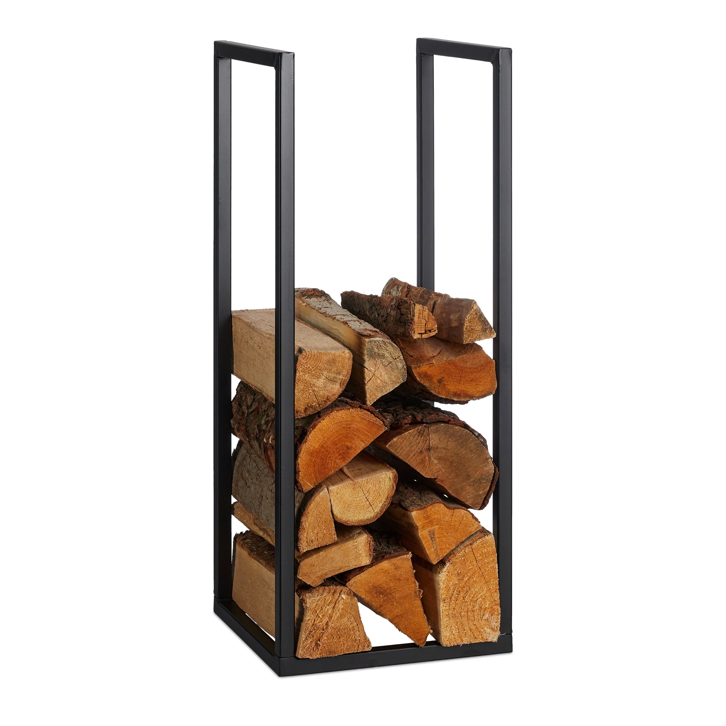 Regał na kominek Relaxdays, metal, 75 x 30 x 30 cm, wewnętrzny regał na opał, czarny