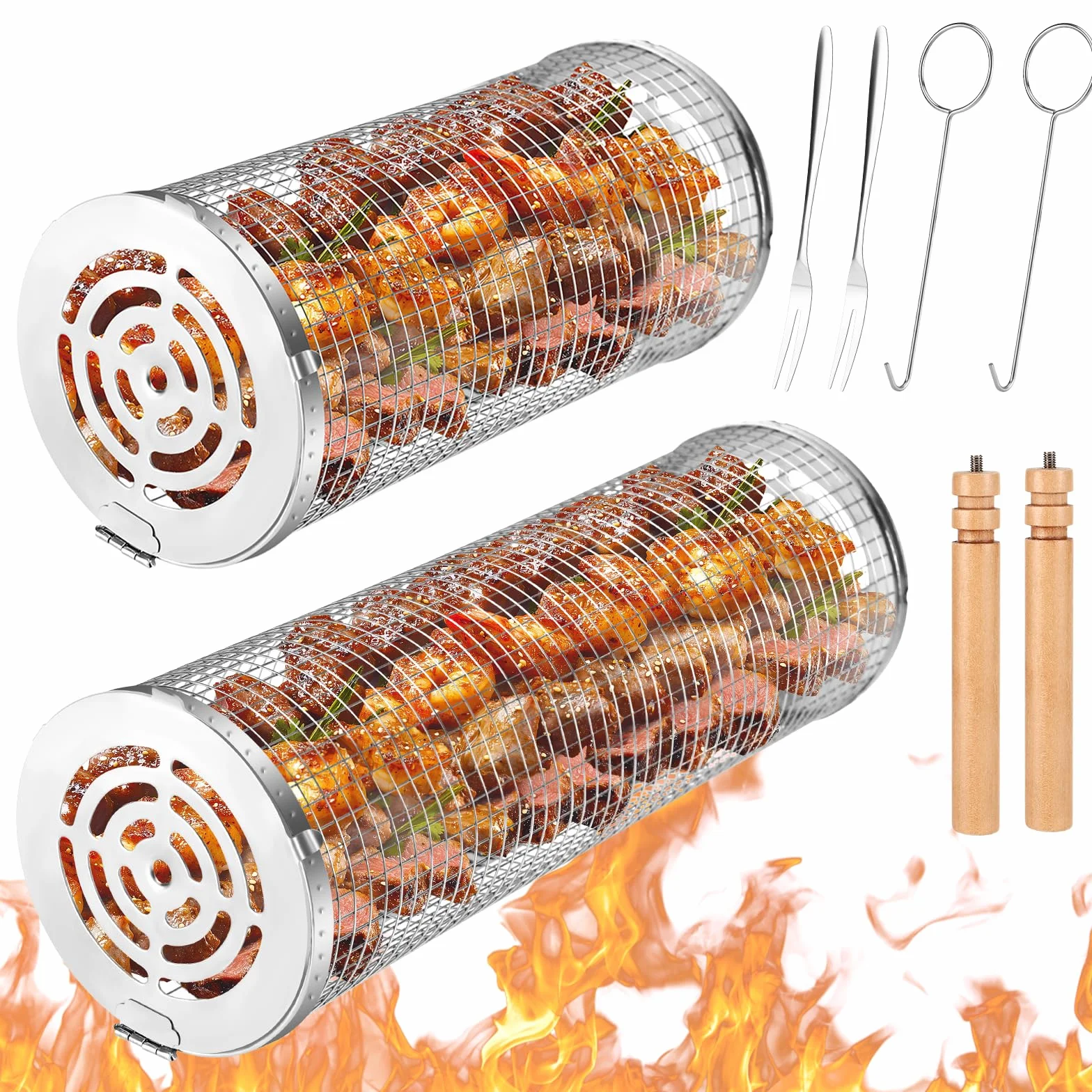 Rolowany kosz grillowy ze stali nierdzewnej, 2 sztuki, cylindryczny, ze zdejmowanym uchwytem, akcesoria do grilla