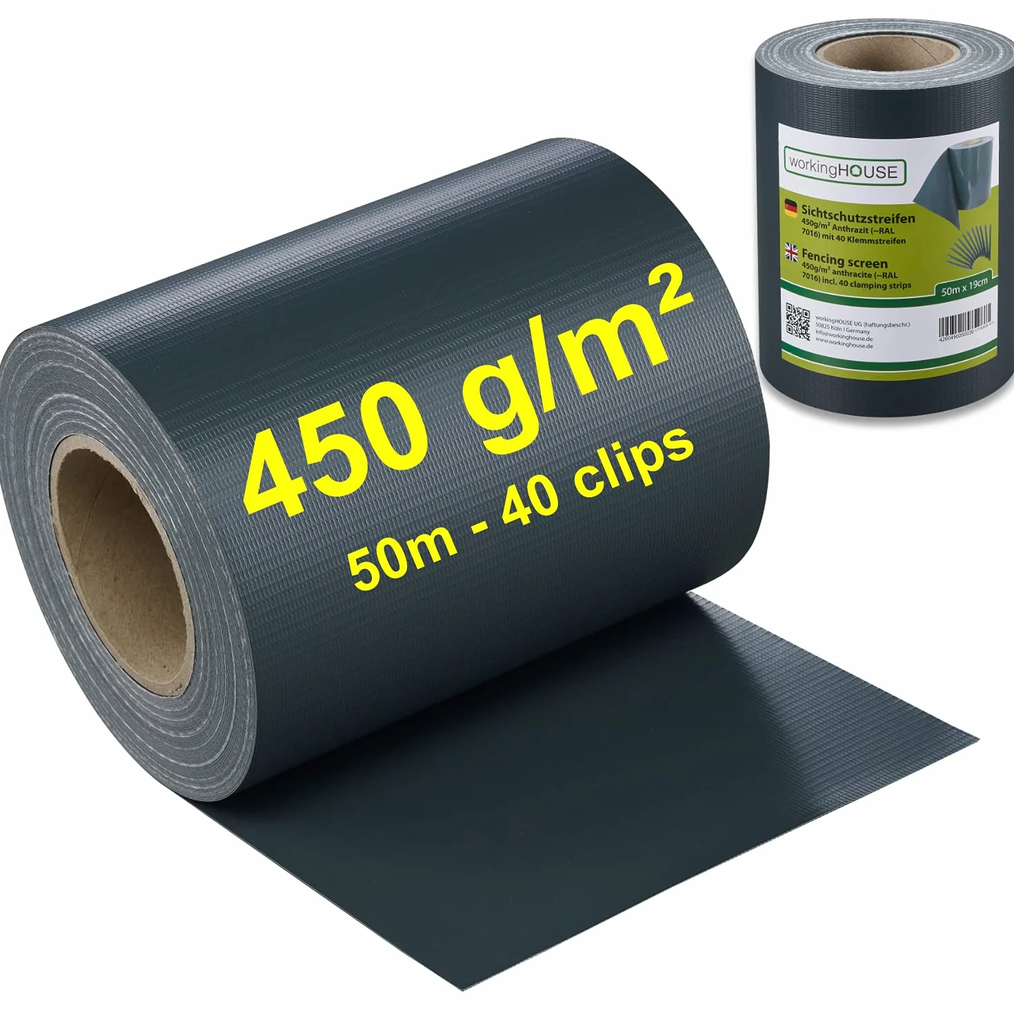 workingHOUSE Taśma Ogrodzeniowa PVC 450 g/m² 50m x 19cm Osłona na Płot Odporna na Warunki Atmosferyczne