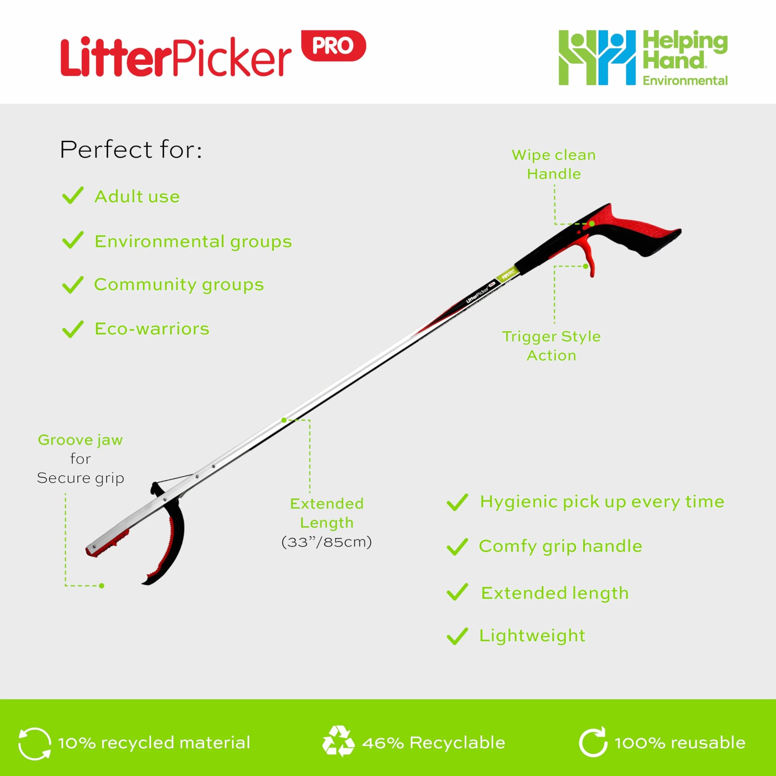 The Helping Hand Company Chwytak do miotu PRO 85 cm, wytrzymały zbieracz śmieci z bezpiecznym, wygodnym uchwytem, zbieraczem śmieci i liści, czerwony/srebrny