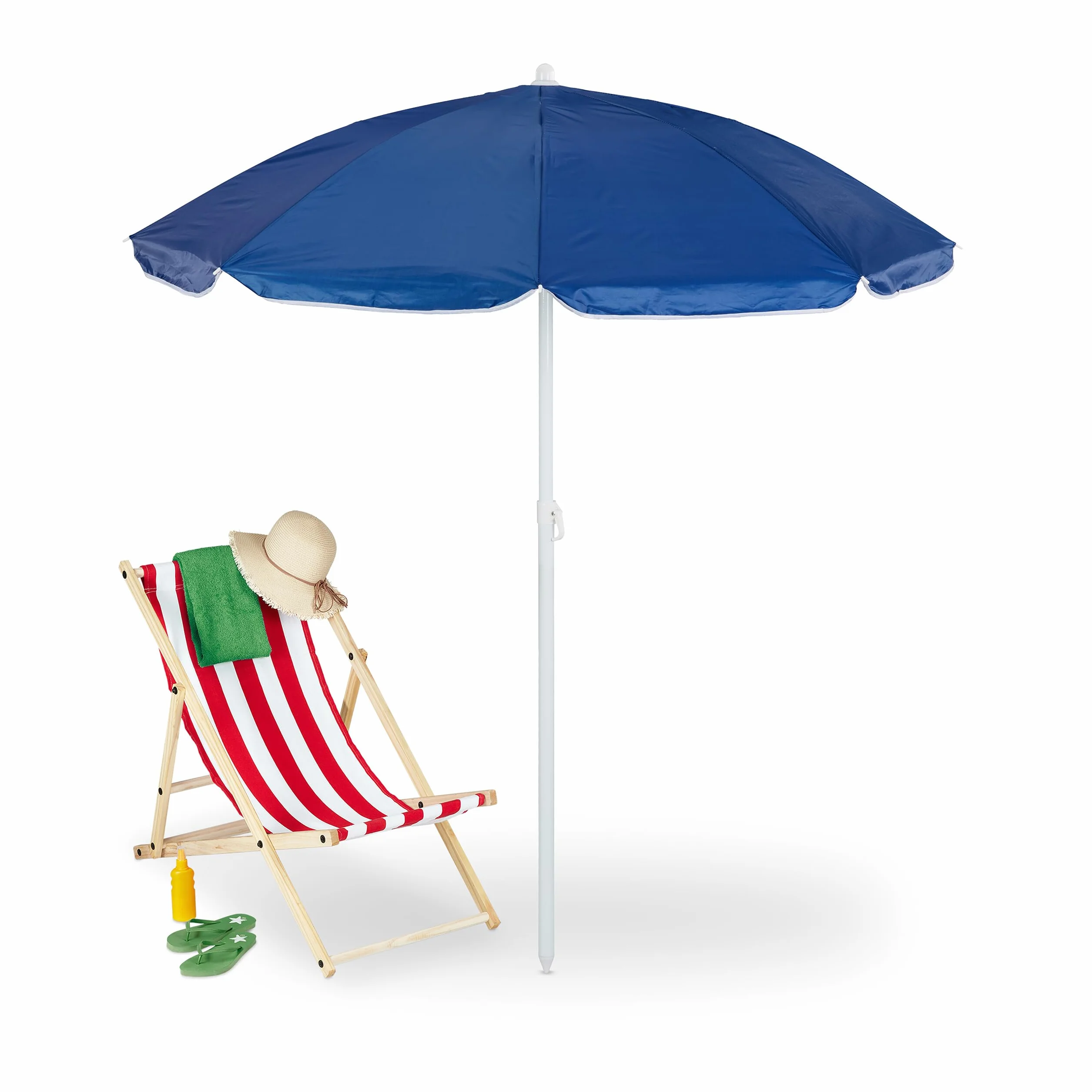 Relaxdays Parasol przeciwsłoneczny, Ø 160 cm, zginany, z regulacją wysokości, ochrona UV, parasol plażowy z torbą, na plażę i balkon, niebieski