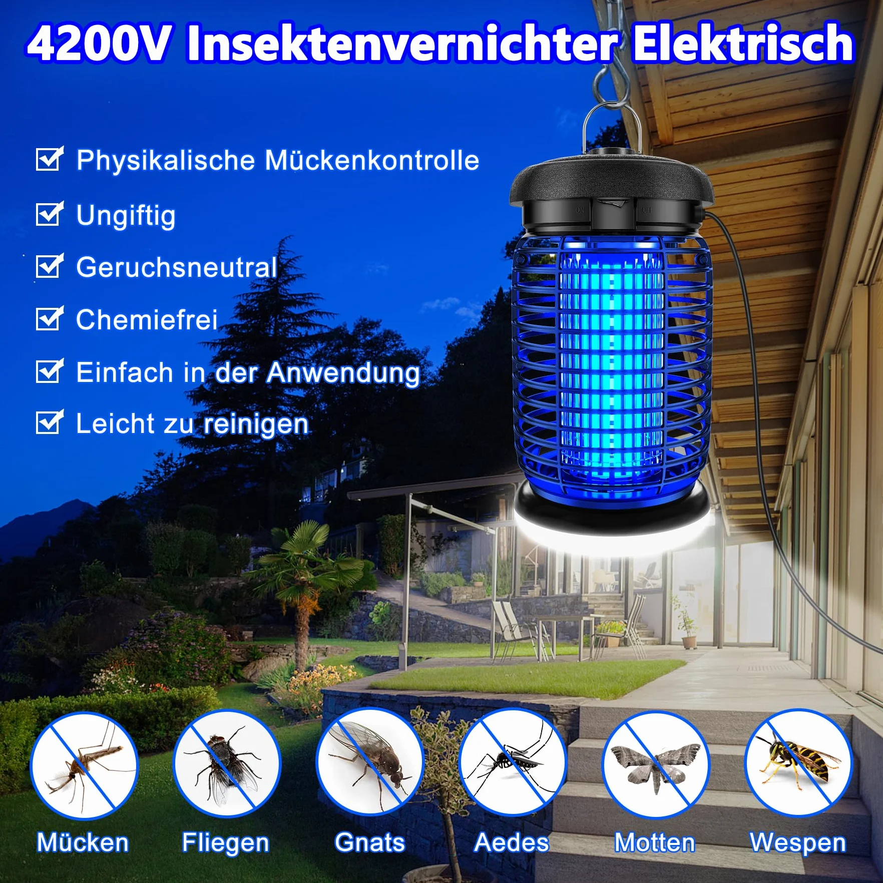 seenlast Elektryczna Pułapka na Owady, Lampa owadobójcza 15W 4200V z oświetleniem LED | Wodoszczelna (IPX4) | Skuteczna przeciw komarom, molom, muchom, pająkom | Do użytku wewnątrz i na zewnątrz