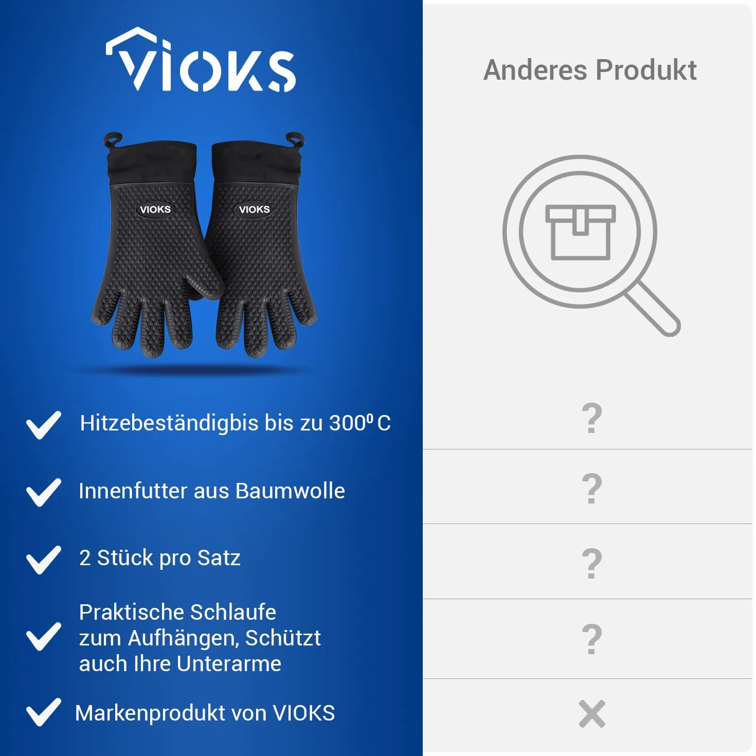 VIOKS Rękawice żaroodporne do piekarnika, do BBQ/grilla, do kuchni, silikonowe rękawice kuchenne z bawełnianą podszewką, czarne.