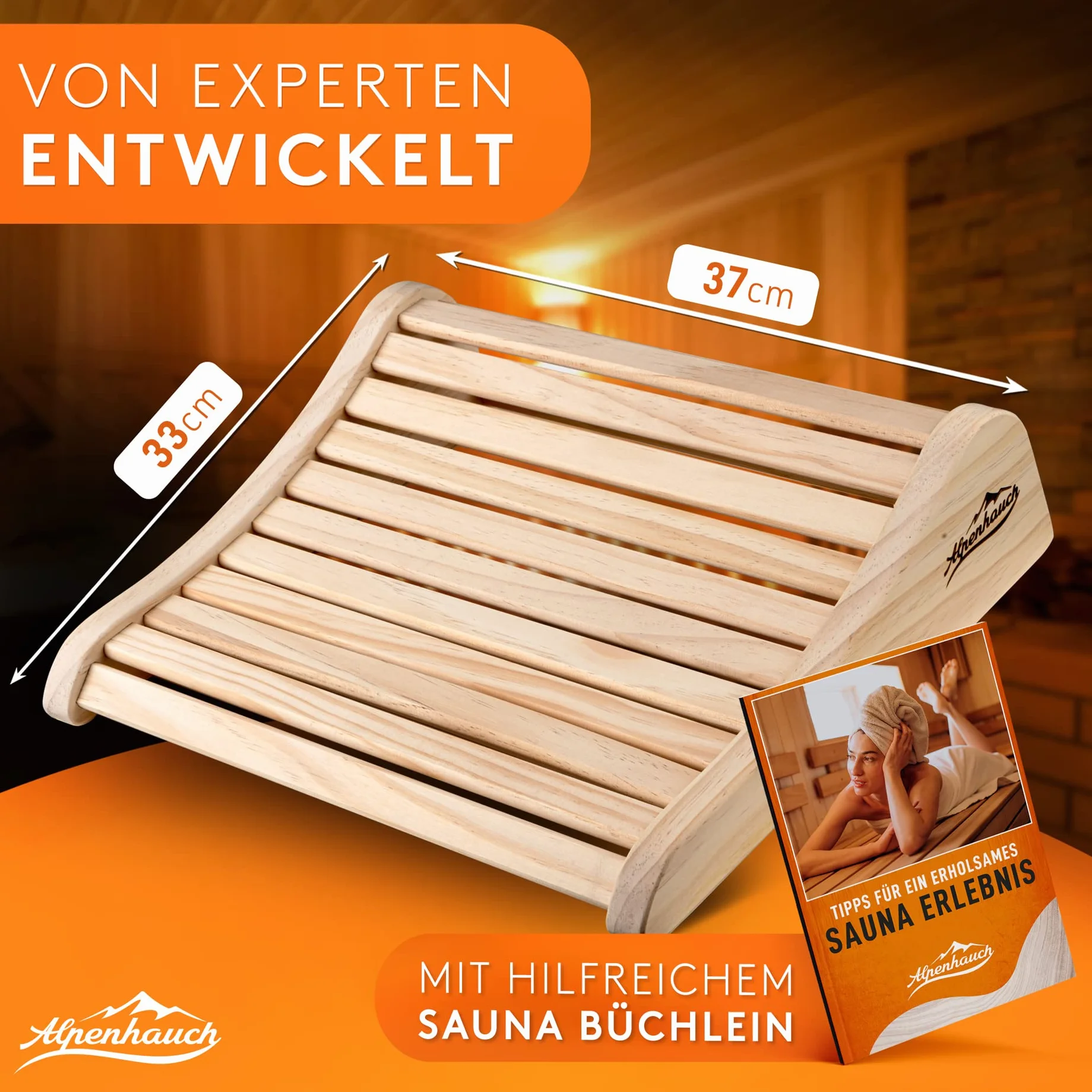 ALPENHAUCH Drewniany zagłówek do sauny [100% naturalne drewno] – ergonomiczny zagłówek do sauny z drewna – szlachetne akcesoria do sauny, kabina na podczerwień – wygodny i szeroki zagłówek do sauny i