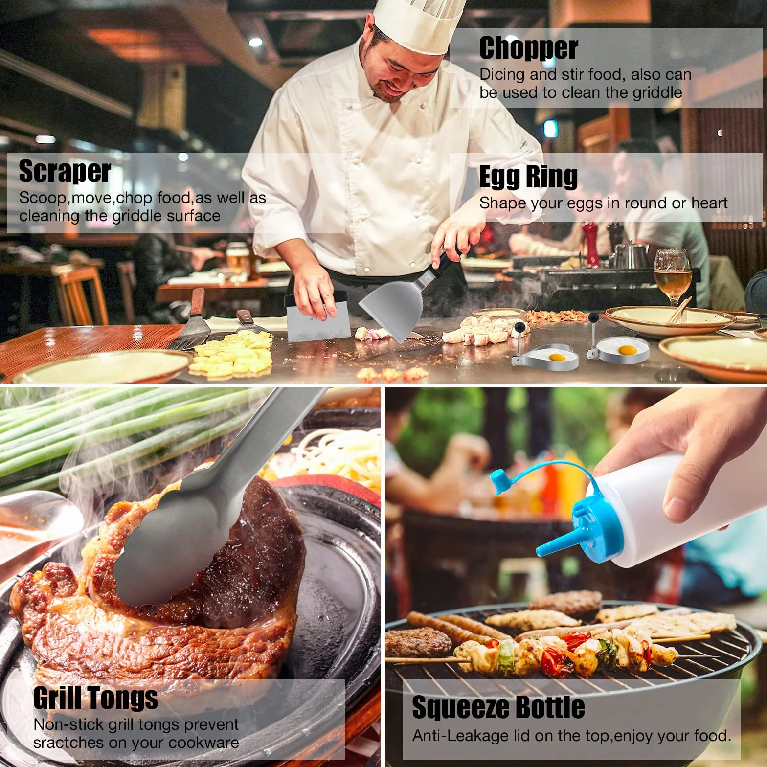 MUJUZE Zestaw szpatułek do grilla ze stali nierdzewnej dla mężczyzn i taty, profesjonalne szpatułki do grilla, akcesoria do grilla w walizce, do teppanyaki i kempingu