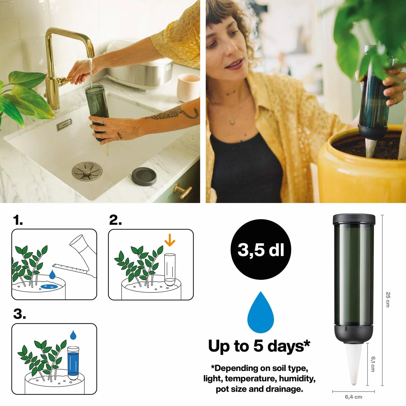 Fiskars Urban Plant Care dozownik wody do roślin, do wnętrz i na balkon, 350 ml, do 5 dni ciągłego nawadniania, 6,4 x 25 cm, ceramika/tworzywo sztuczne, ciemnozielony, 1075380