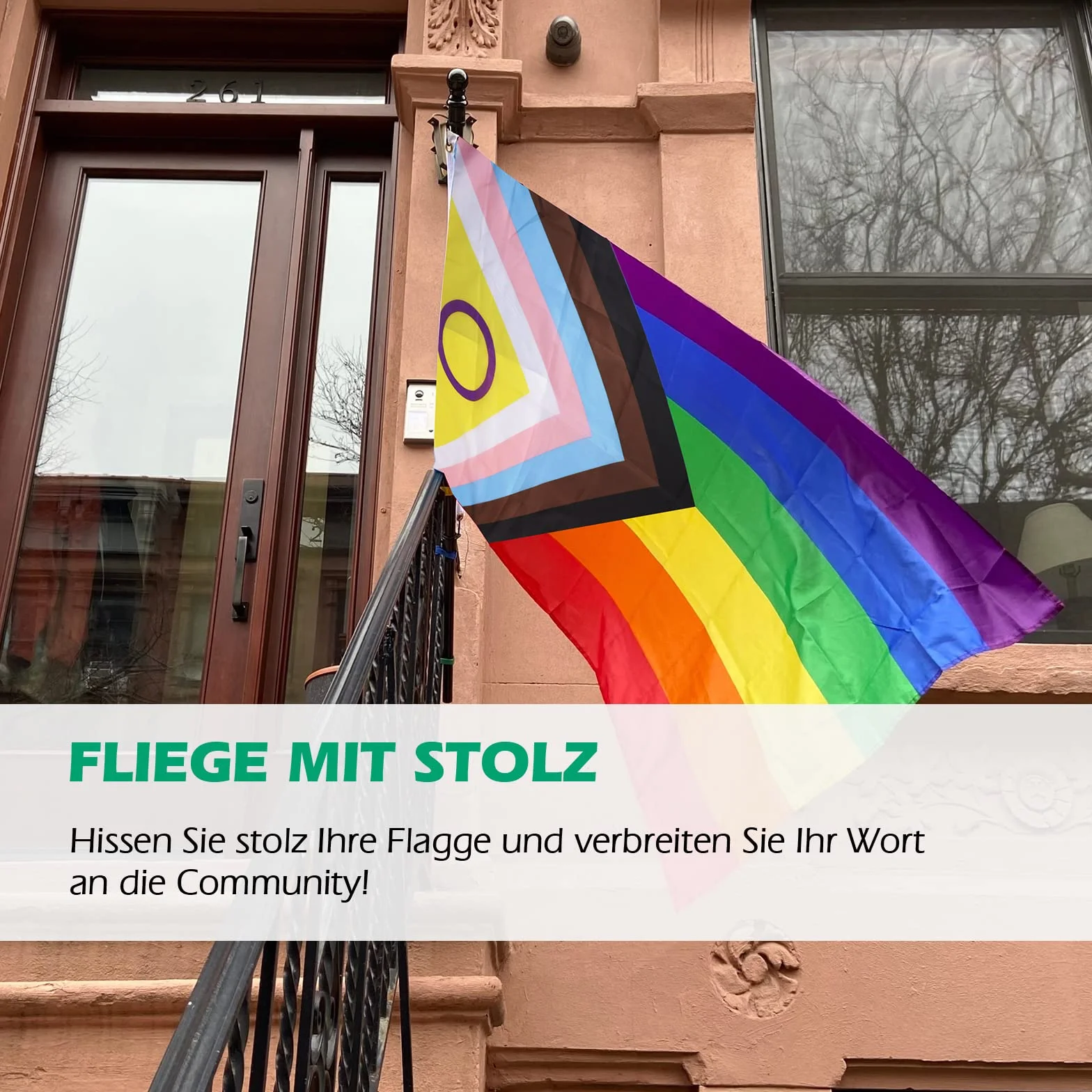 MOGADEE® Progress Pride flaga, tęczowa flaga LGBTQ, Joint-Pride, 150 x 90 cm, może być używana na zewnątrz, odporna na warunki atmosferyczne, z 2 mosiężnymi oczkami