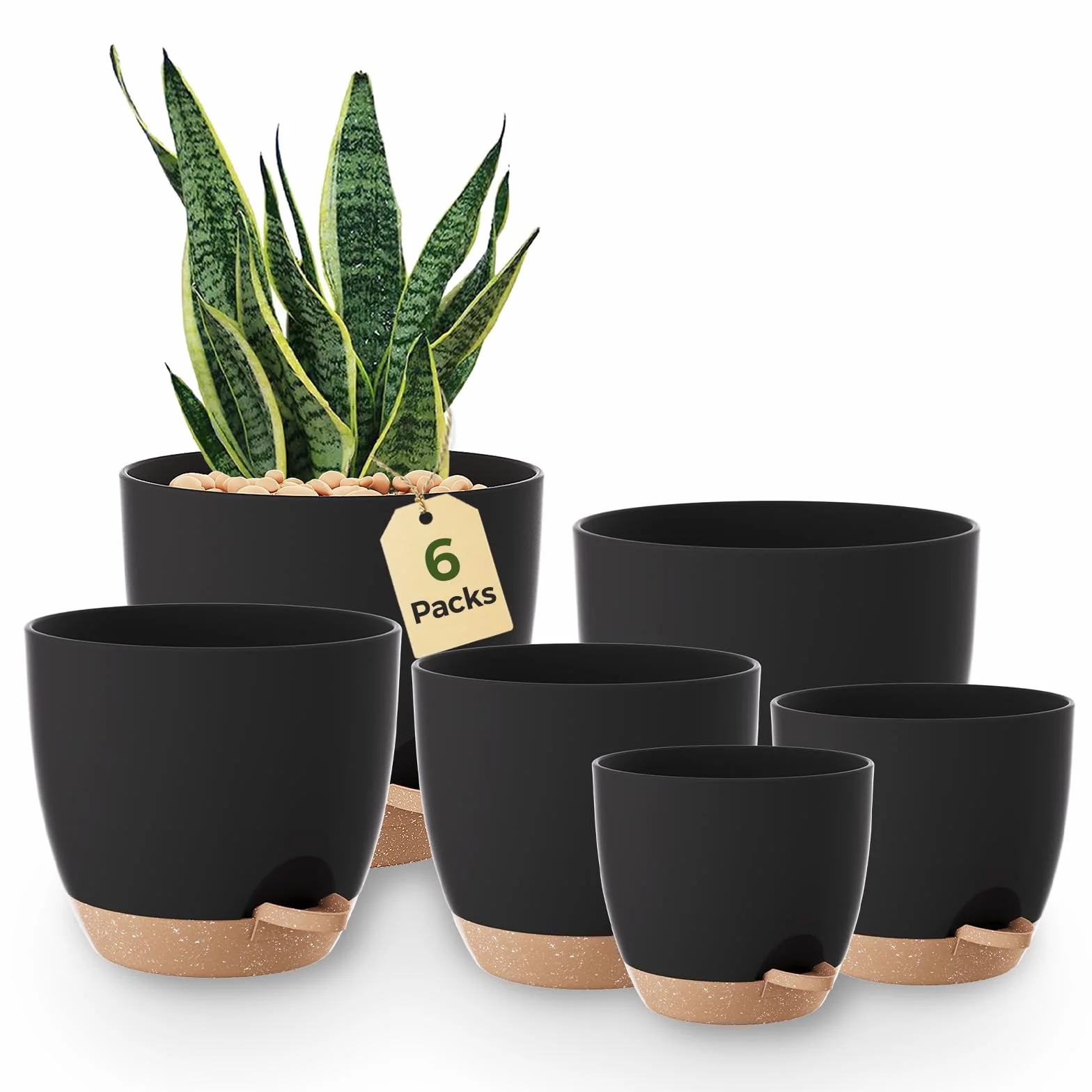 Bamworld Zestaw 6 doniczek, samonawadniające, czarne, 20,3 cm/17,8 cm/16,5 cm/15,2 cm/14 cm/12,7 cm, doniczka na rośliny z podstawką, doniczki do sadzenia, rośliny pokojowe, dekoracja na parapet