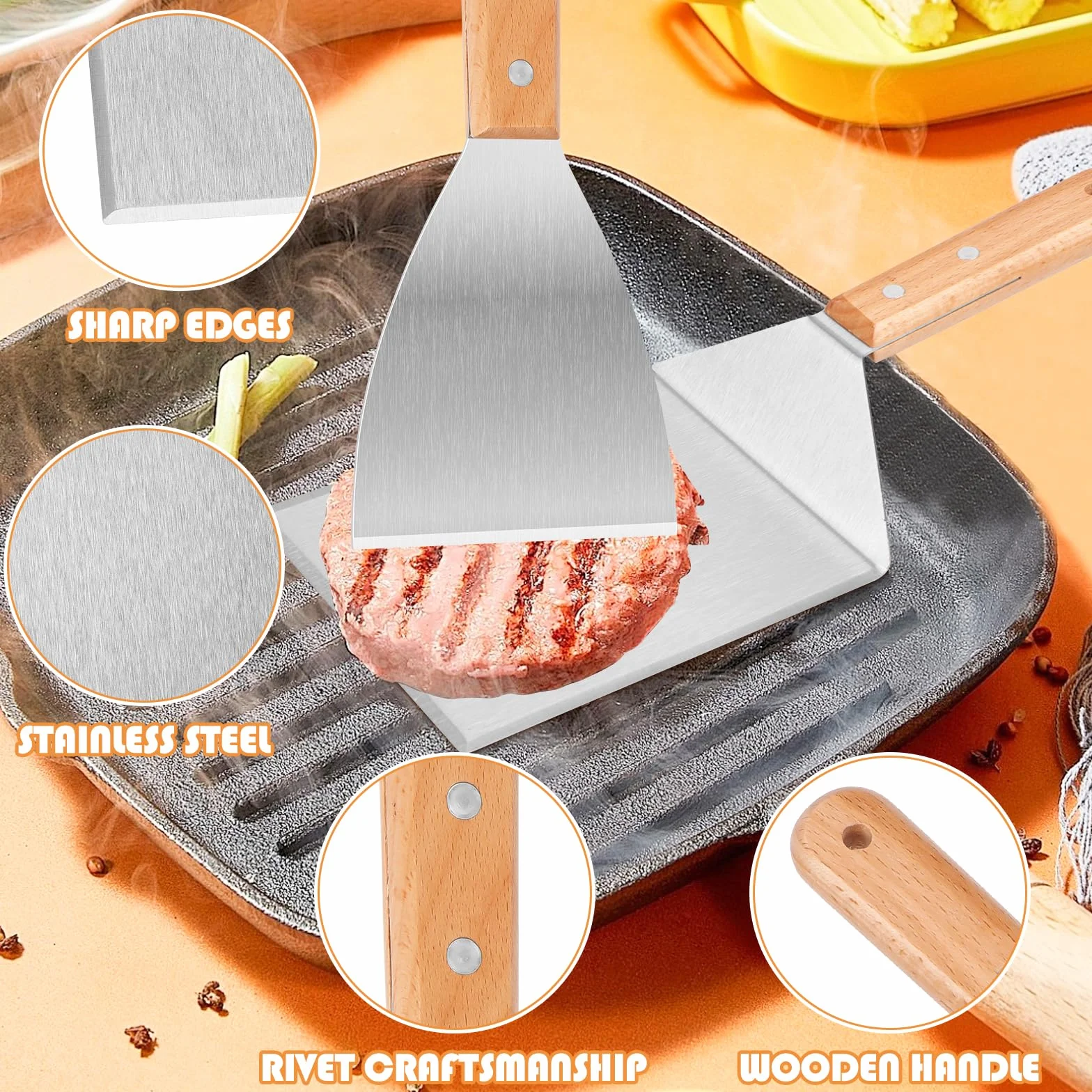 2 szt. szpatułka do grilla ze stali nierdzewnej szpatułka szpatułka kuchenna z drewnianymi uchwytami do prasy do hamburgerów, teppanyaki, grilla, steku, pizzy