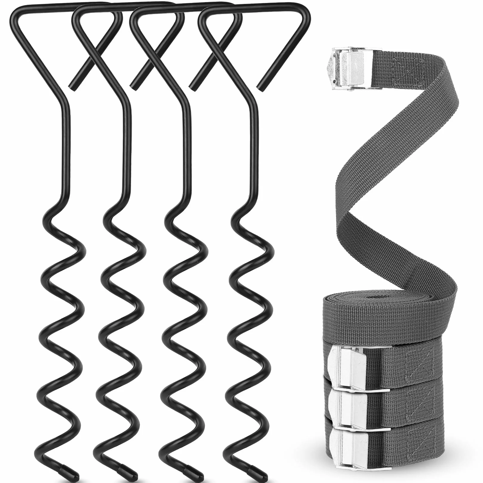 Zestaw 4 kotwic do trampoliny, 37 cm, wytrzymałe kołki do trampoliny, zestaw kołków do trampoliny, spiralne kołki ogrodowe do trampolin, kotwice naziemne, + 4 paski mocujące