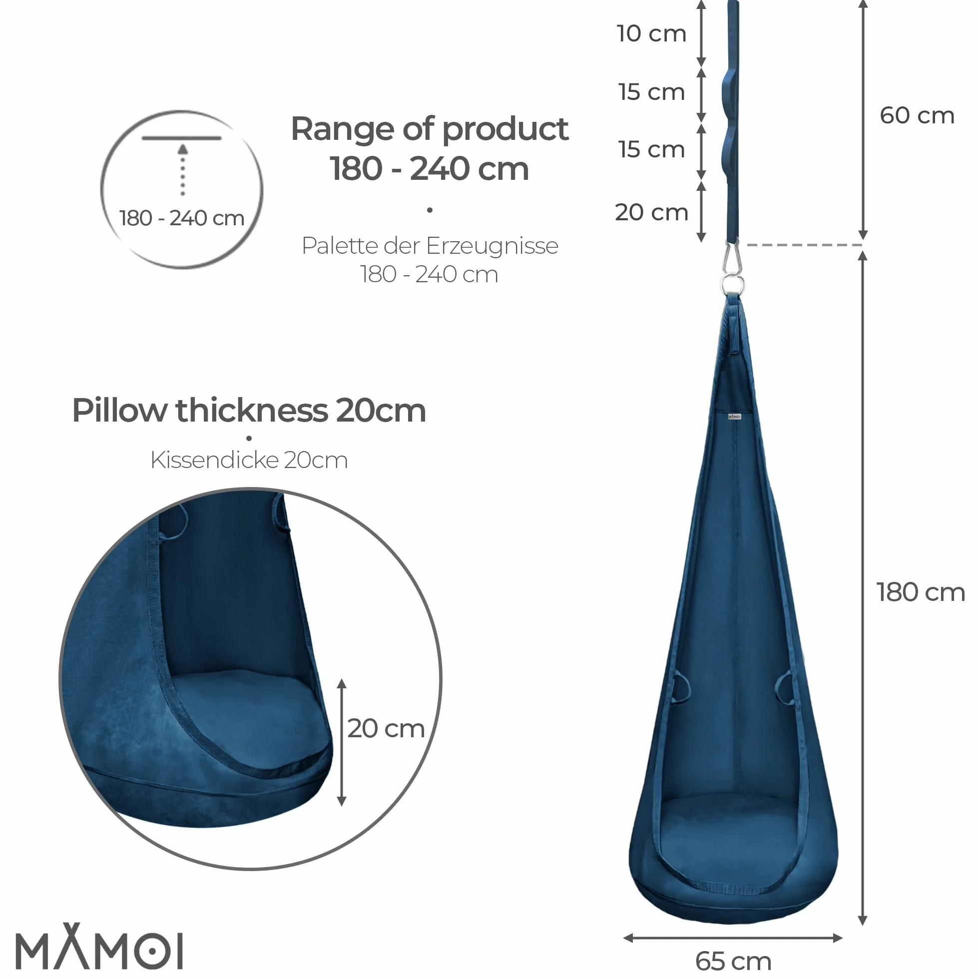 MAMOI Aksamitny kokon – fotel wiszący do wnętrz z miękką poduszką, elegancki fotel wiszący z uchwytami, aksamit premium, wytrzymała konstrukcja z elementem do zawieszania