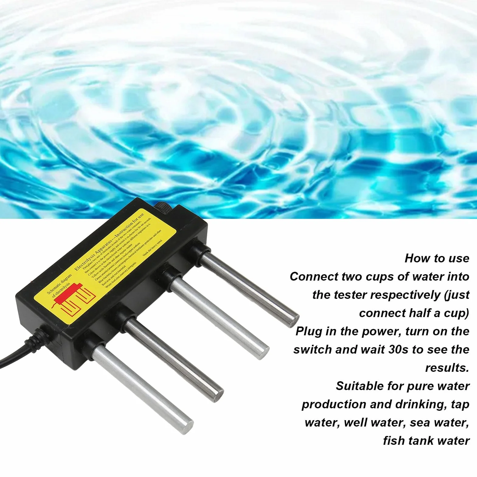 Ejoyous elektrolizator wodny, test elektrolizy z bezpiecznikiem szczelnym, 4 metalowe pręty testowe, cyfrowy tester wody (wtyczka UE)