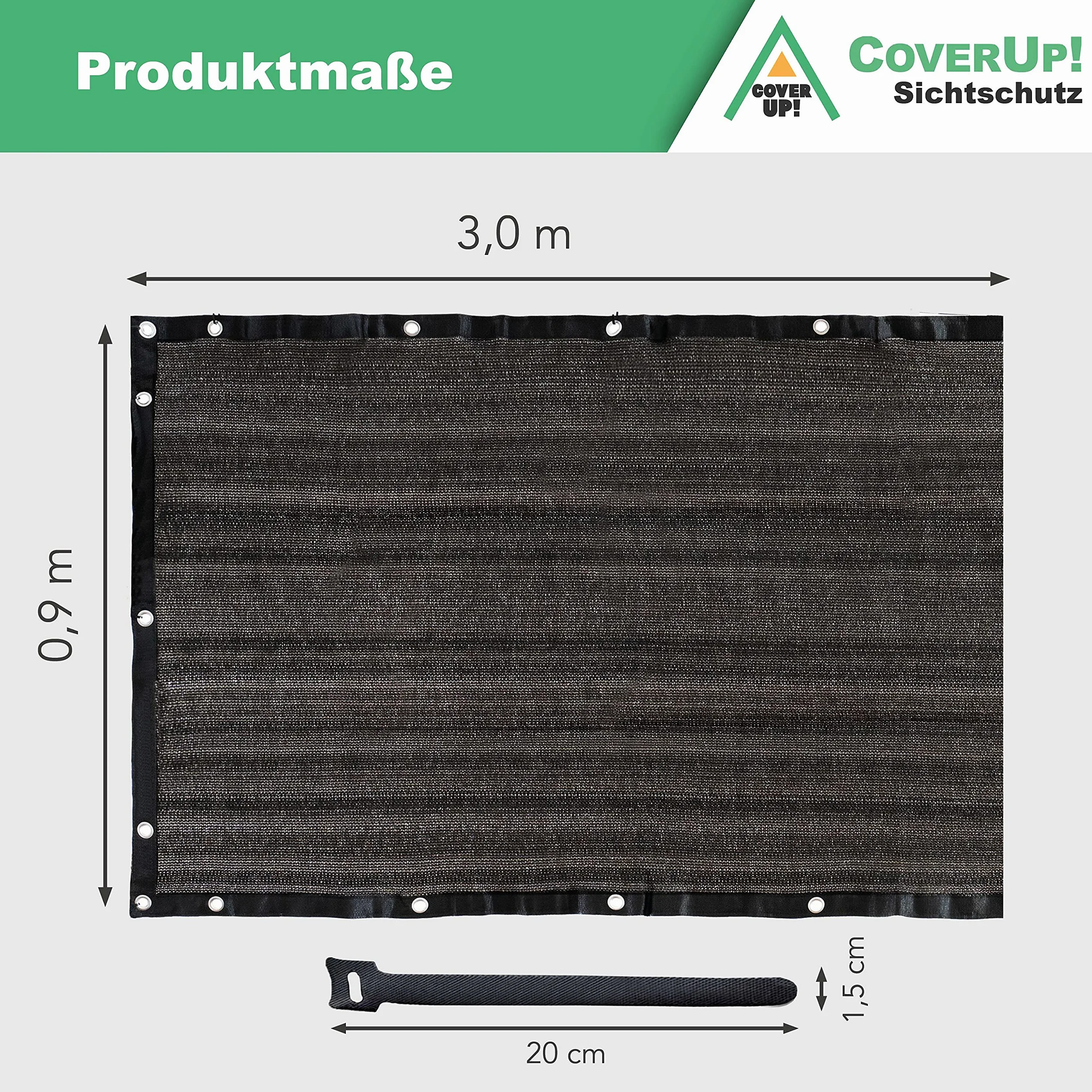 CoverUp! Osłona balkonowa 0,9 x 3 m czarna 180 g/m² z opaskami na rzepy