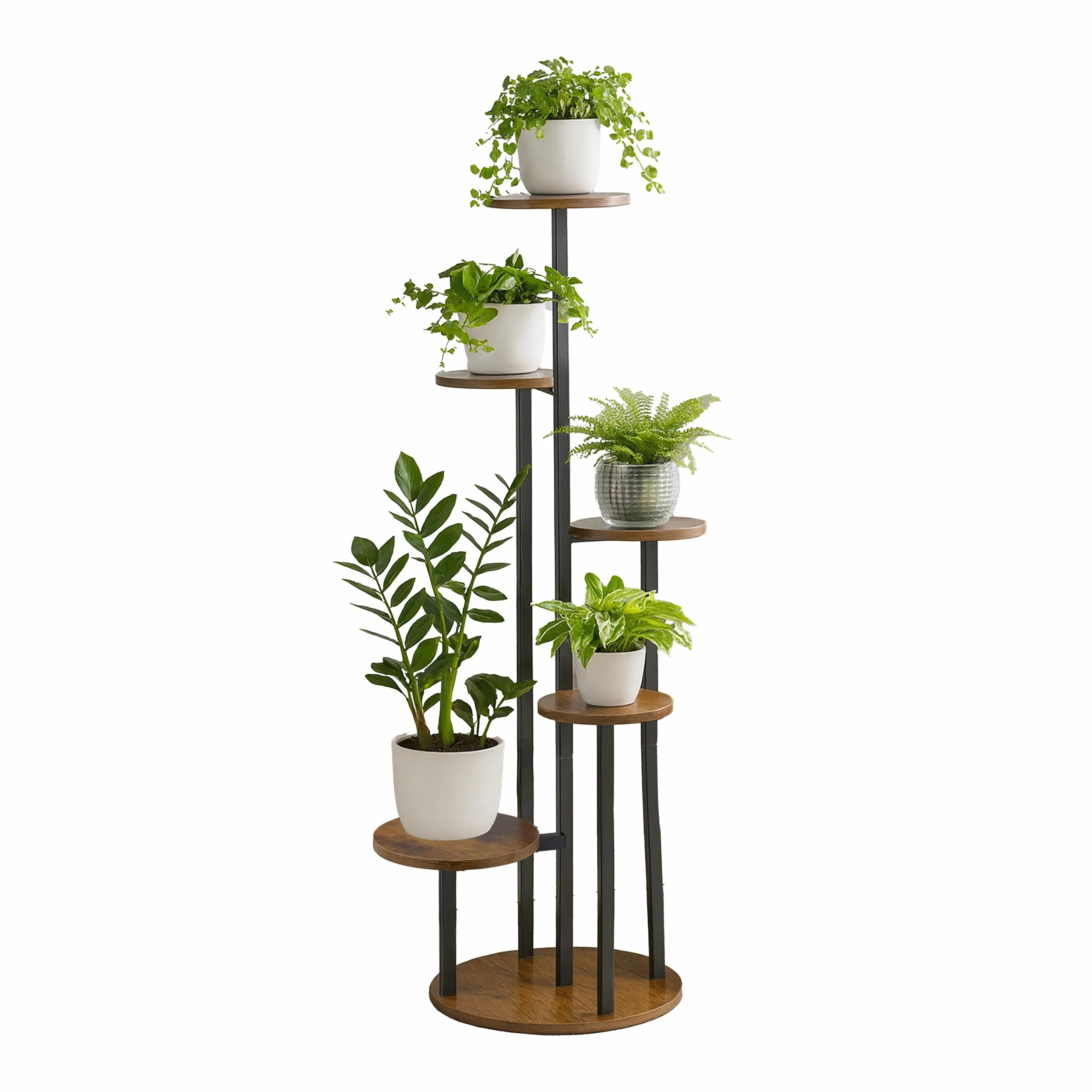 Relaxdays Regał na rośliny 5 gniazd żelazo MDF 118,5 x 58 x 58 cm czarny brązowy