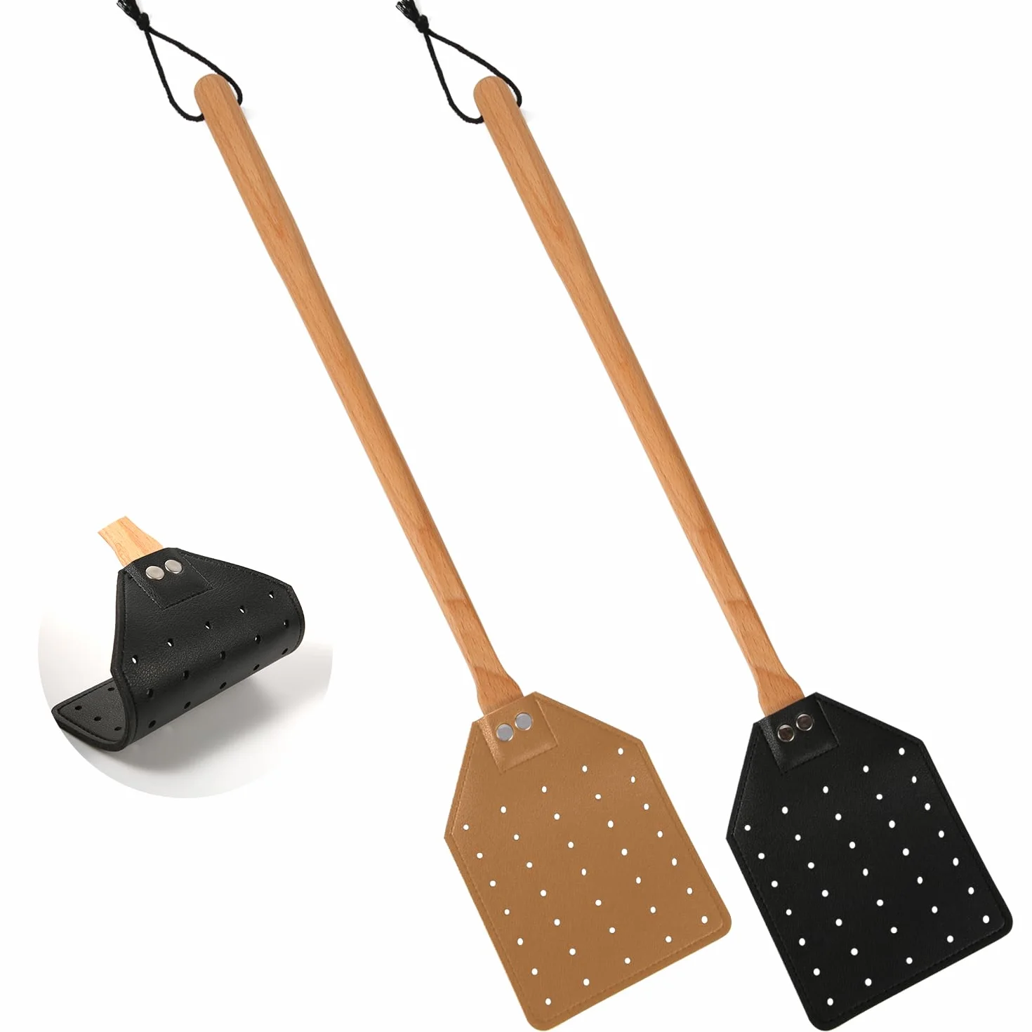 2szt Skórzana Packa na Muchy, Dlugosc 49,5cm Wytrzymala Packa na Muchy Reczna z Drewniana Raczka Lapacz Much do Uzytku Wewnatrz i na Zewnatrz(Czarny, brazowy)