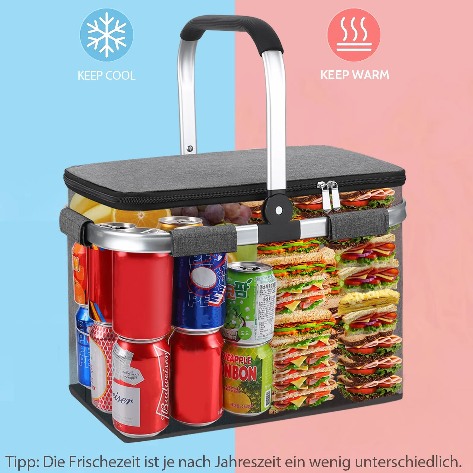 Składany kosz na zakupy, 30 l, z funkcją chłodzenia, składany kosz z pokrywką, obciążenie 25 kg, torba na zakupy jako kosz piknikowy, kosz termiczny, elegancki worek na zakupy tygodniowe /