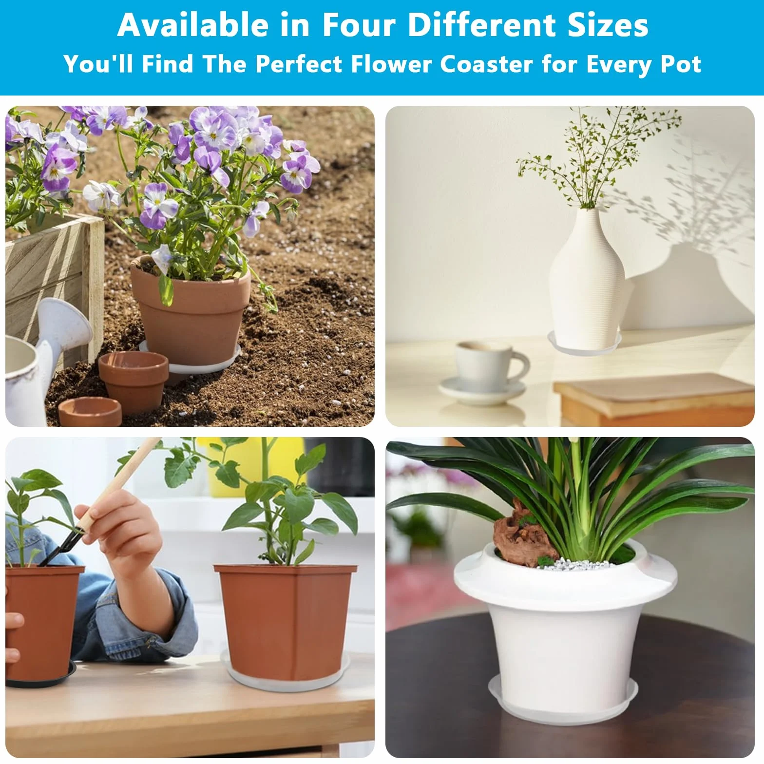 16 podstawek pod doniczki, okrągłe, plastikowe, podstawki na kwiaty, okrągłe, 12 cm, 16 cm, 18 cm, 22 cm, do użytku wewnątrz i na zewnątrz, z 24 etykietami