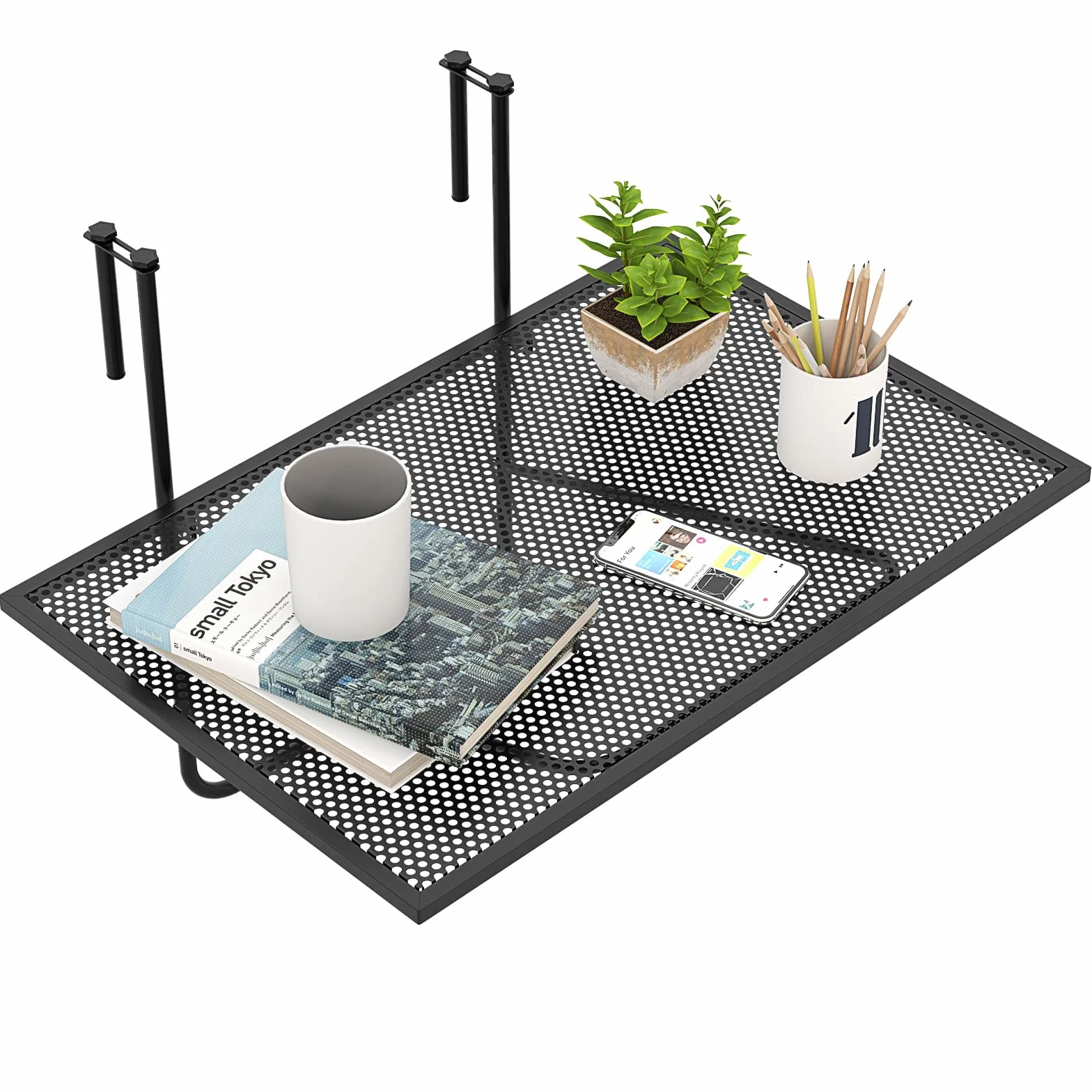 GIANTEX Składany stół balkonowy, metalowy stolik pomocniczy do balustrad | 60,5 x 40,5 x 51 cm, metalowy stolik zewnętrzny oszczędza miejsce, blat z siatki, na taras