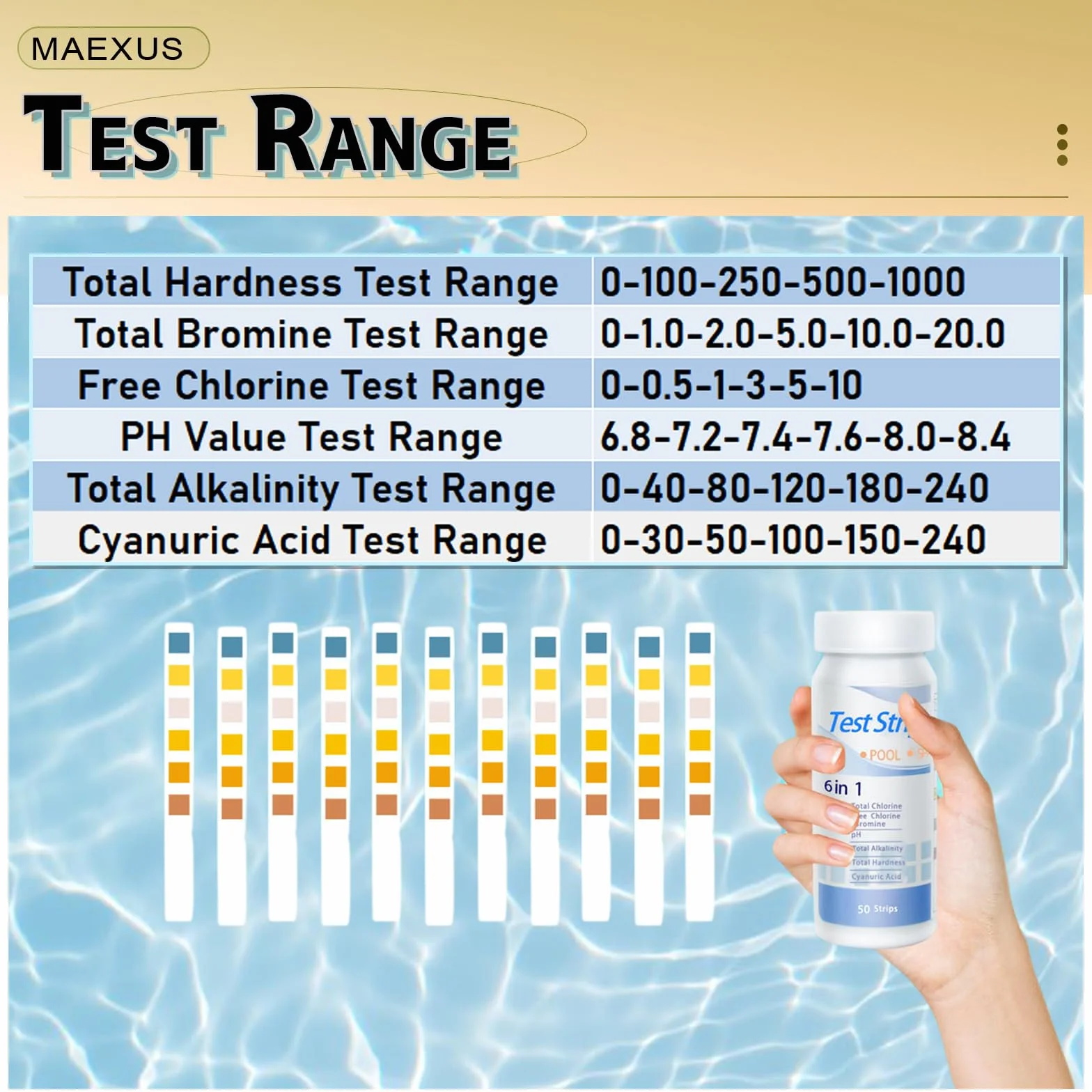 MAEXUS® Paski testowe pH w basenie, 100 sztuk, tester pH i chloru, paski testowe do basenu, dokładne monitorowanie wody, paski testowe do akwarium, twardość wody 6 w 1