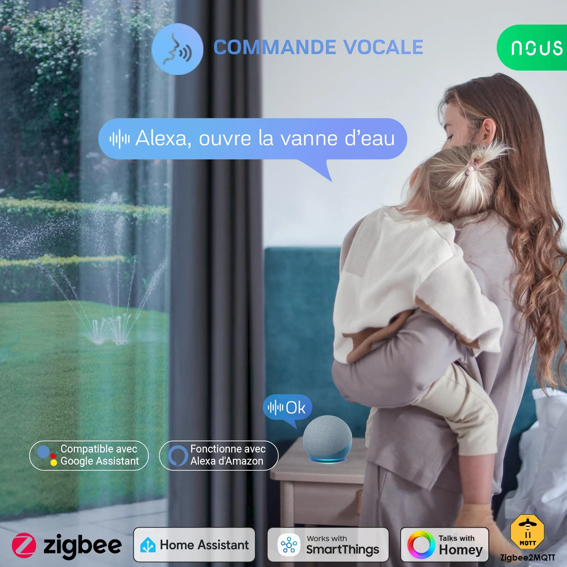 NOUS ZigBee inteligentny zawór kranowy, sterowanie nawadnianiem, IP66, kompatybilny z Alexa, Google Assistant, Smart Life, timerem i pilotem zdalnego sterowania z aplikacją, zasilanie bateryjne, 3/4